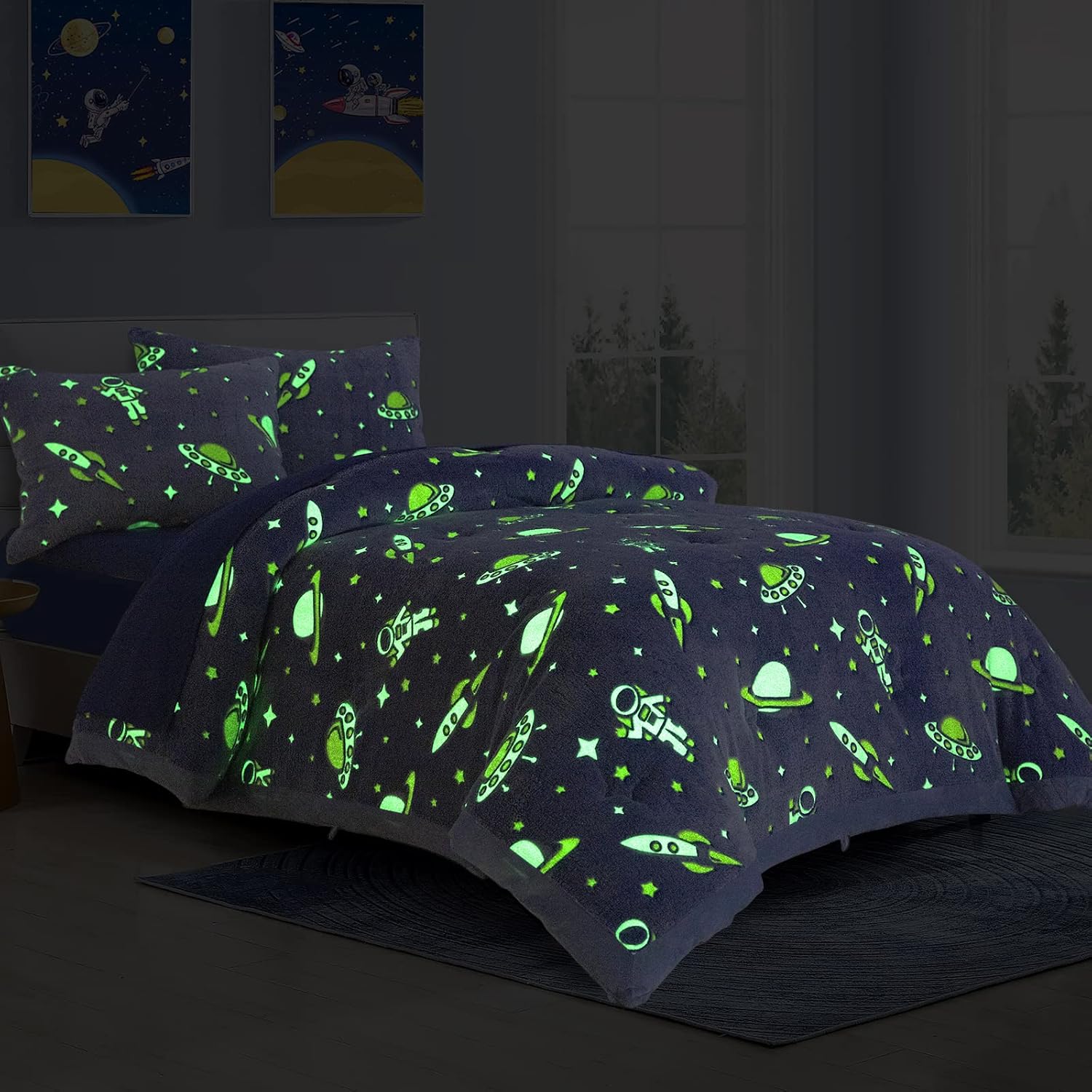 HOMBYS Juego de edredón que brilla en la oscuridad de 5 piezas individualindividual XL con sábanas, juegos de edredón de terciopelo de astronautas