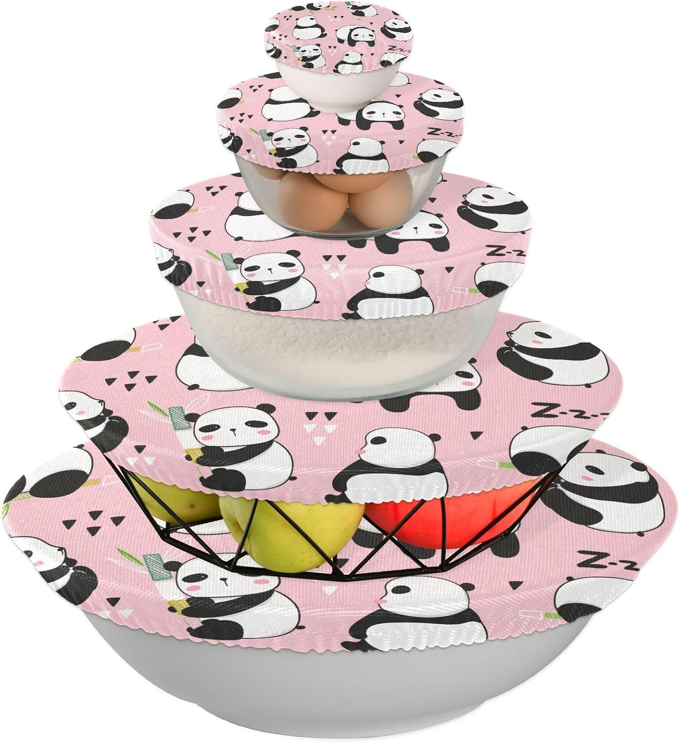 Panda – 5 fundas elásticas reutilizables para tazones para almacenamiento de alimentos, tapas de tela elástica con 5 tamaños diferentes de tapas de