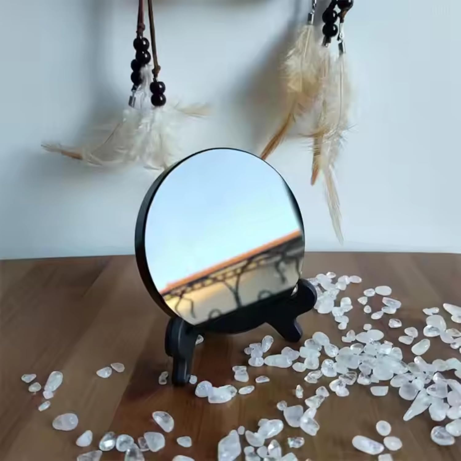 Espejo rascador de obsidiana negra natural con soporte de madera de 3.15 pulgadas, cristales curativos para brujería, adivinación, meditación y