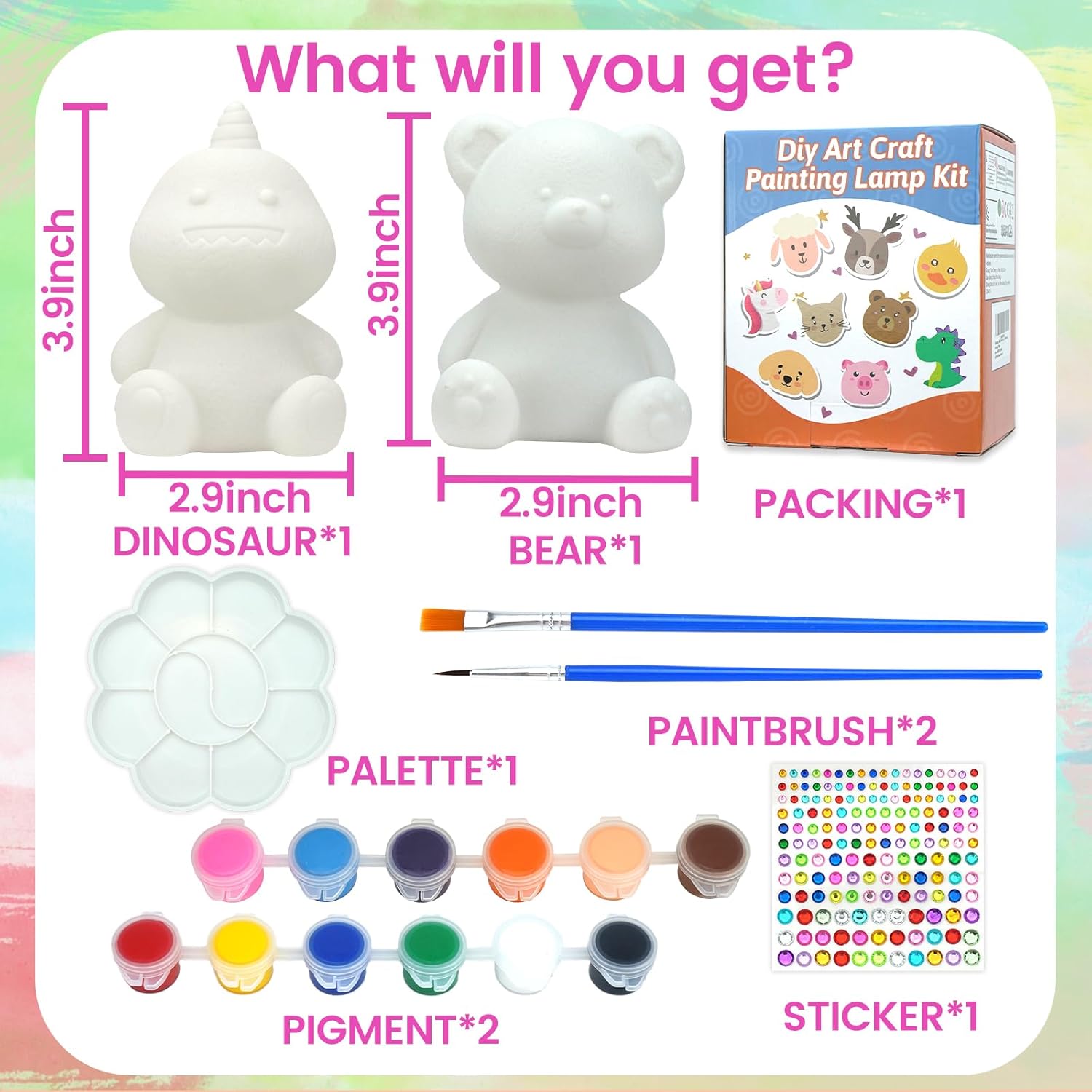 HAPMARS Kit de lámpara de oso de dinosaurio pequeño, 2 piezas, kits de pintura geométrica para niñas y niños de 4 5 6 7 8 9 10 11 12 +, suministros