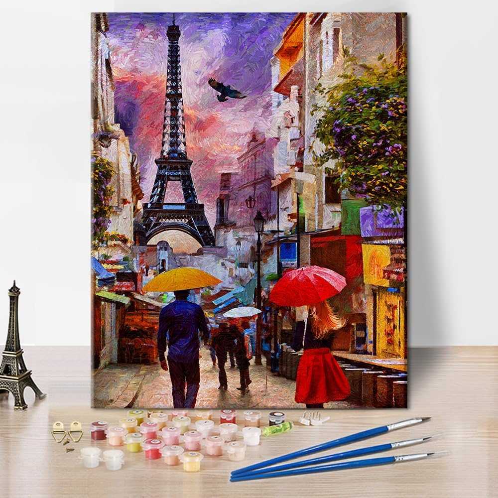 TUMOVO Pintura por número para adultos, Día lluvioso de París, kits de pintura por números, torre Eiffel, kits de pintura por números para adultos,
