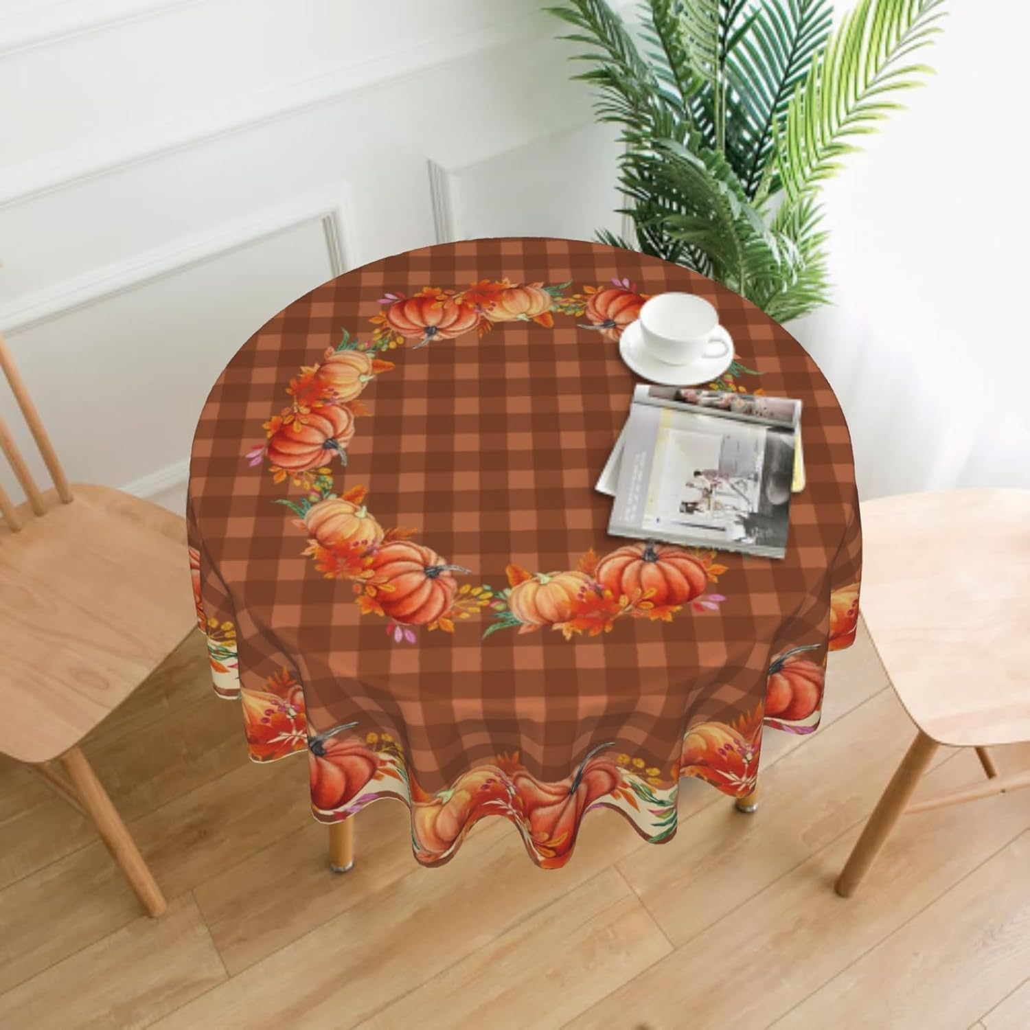 Giwawa Mantel redondo de calabaza de otoño, 60 pulgadas, hojas de arce otoñales, mantel decorativo a cuadros marrones para cocina, comedor,