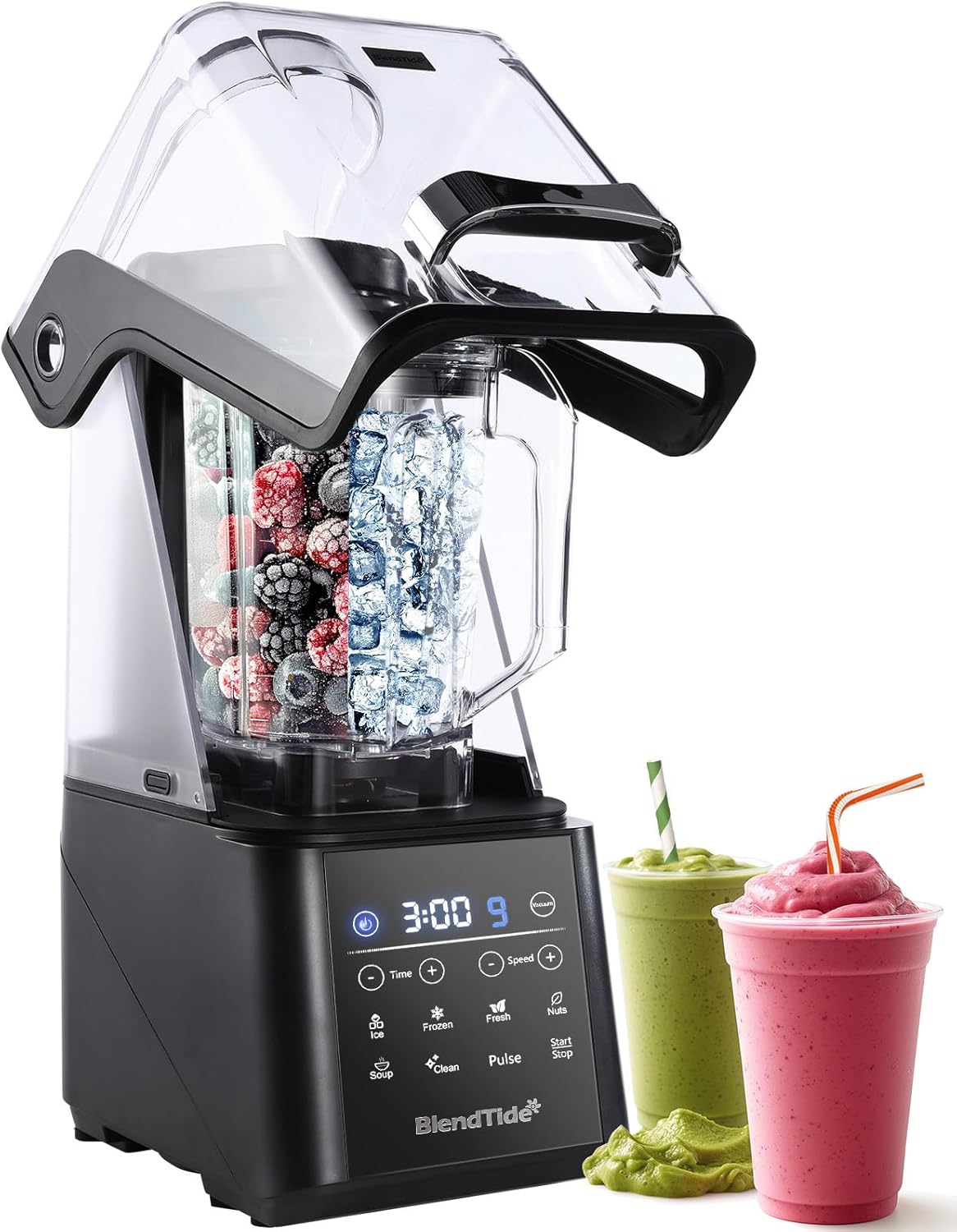 Licuadora comercial, licuadora al vacío de 1500 W para menos espuma, escudo silencioso de grado profesional, temporizador de cocina, 9 velocidades,