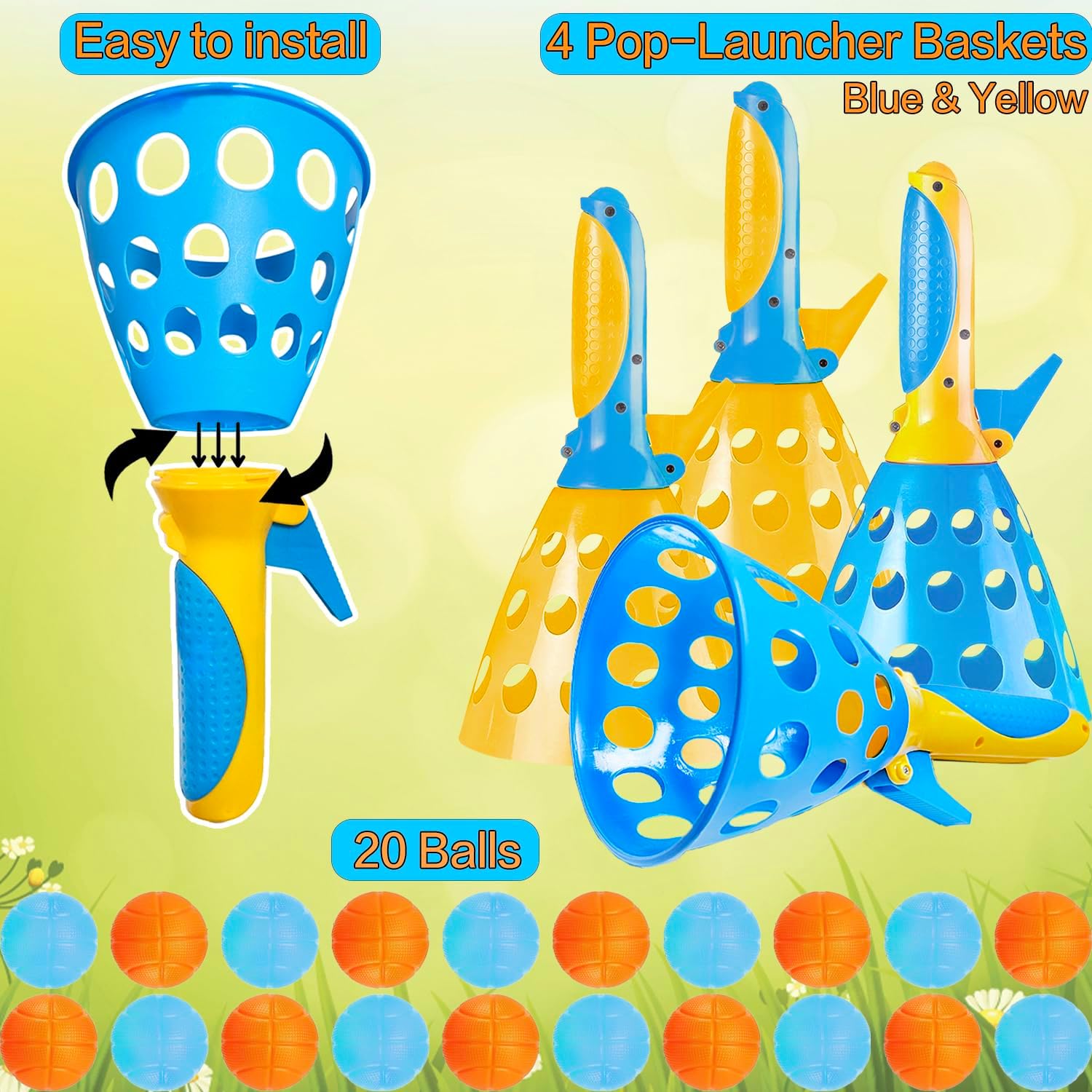 Jishi Juego de pelota Pop Pass con 4 cestas de lanzamiento de captura y 20 bolas, juguetes de playa, patio trasero, juegos de interiores y