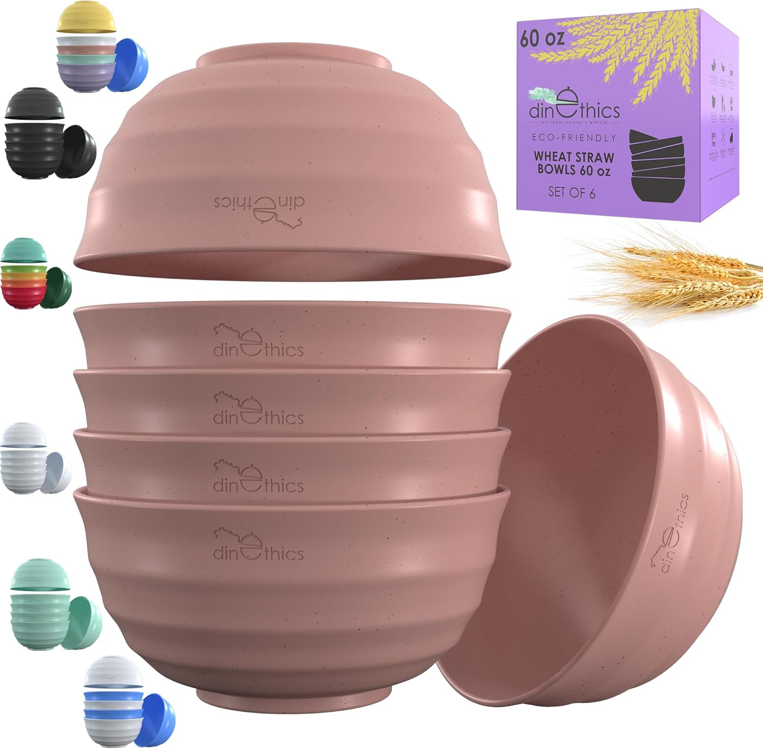 DINETHICS Juego de 6 cuencos grandes de 60 onzas, cuencos de paja de trigo, cuencos irrompibles aptos para microondas – Cuenco grande para cereales