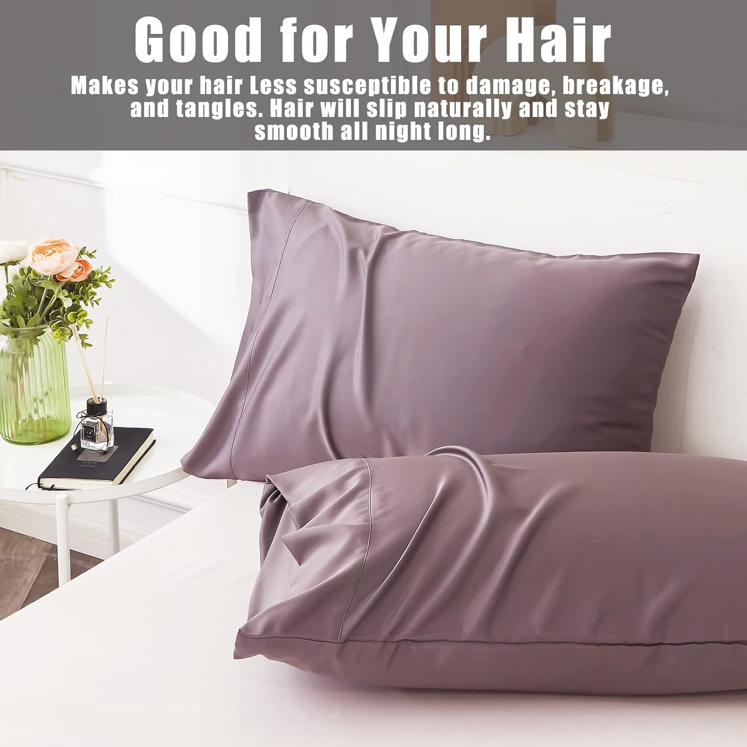 Juego de 2 fundas de almohada de bambú tamaño Queen, refrescantes, cierre tipo sobre, color morado grisáceo, frescas y transpirables, para personas