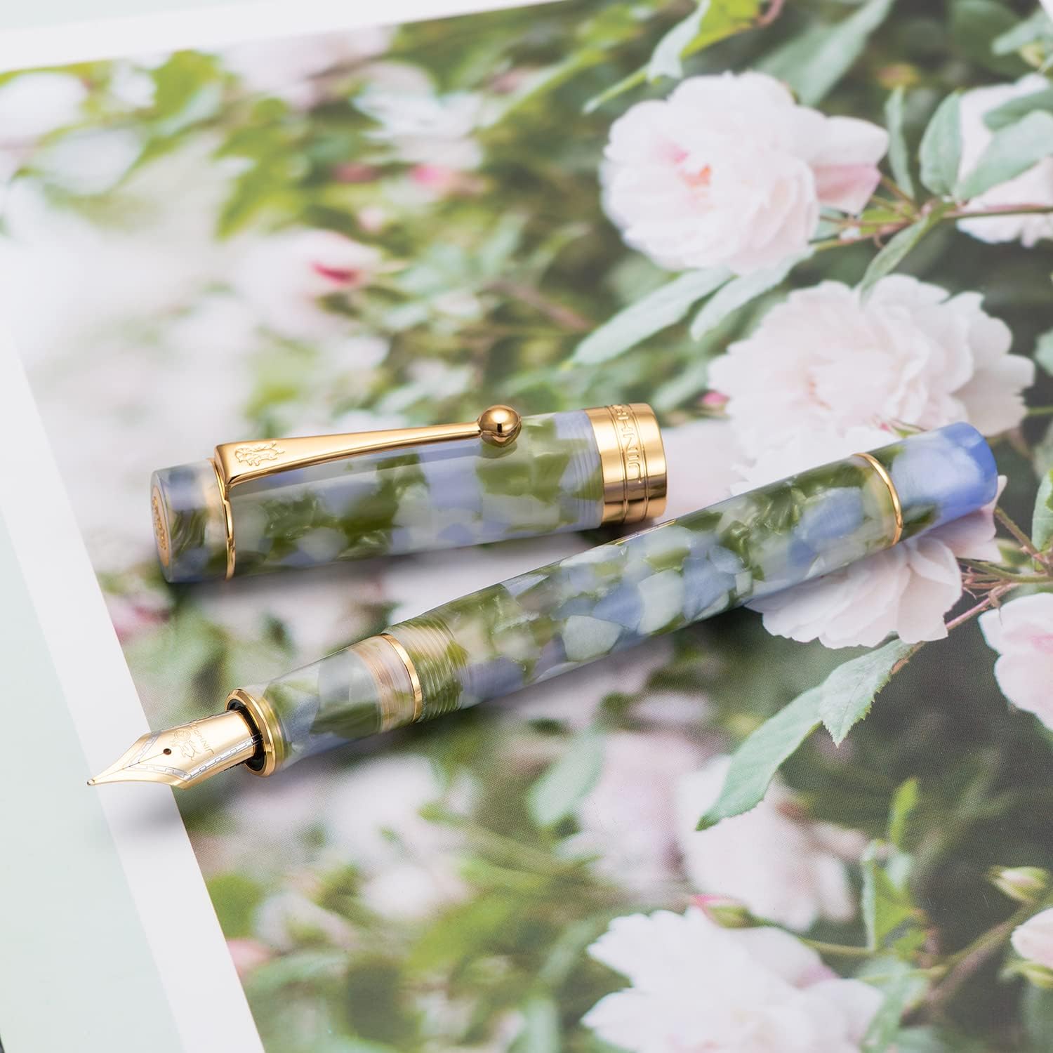 Jinhao – Pluma estilográfica clásica de celuloide azul y verde, punta extrafina con conveter y estuche para bolígrafos