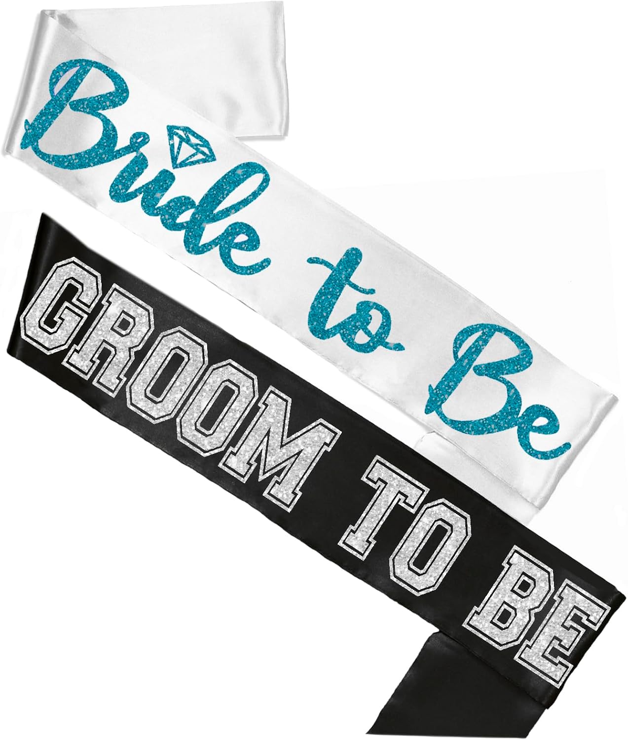 Juego de 2 bandas para novios de novia, color turquesa brillante, banda de satén blanco y banda de satén deportiva plateada para novio a ser negro,