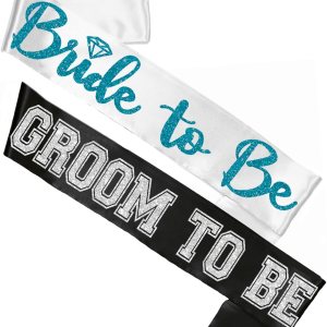 Juego de 2 bandas para novios de novia, color turquesa brillante, banda de satén blanco y banda de satén deportiva plateada para novio a ser negro, Juego de 2 bandas para novios de novia, color turquesa brillante, banda de satén blanco y banda de satén deportiva plateada para novio a ser negro,