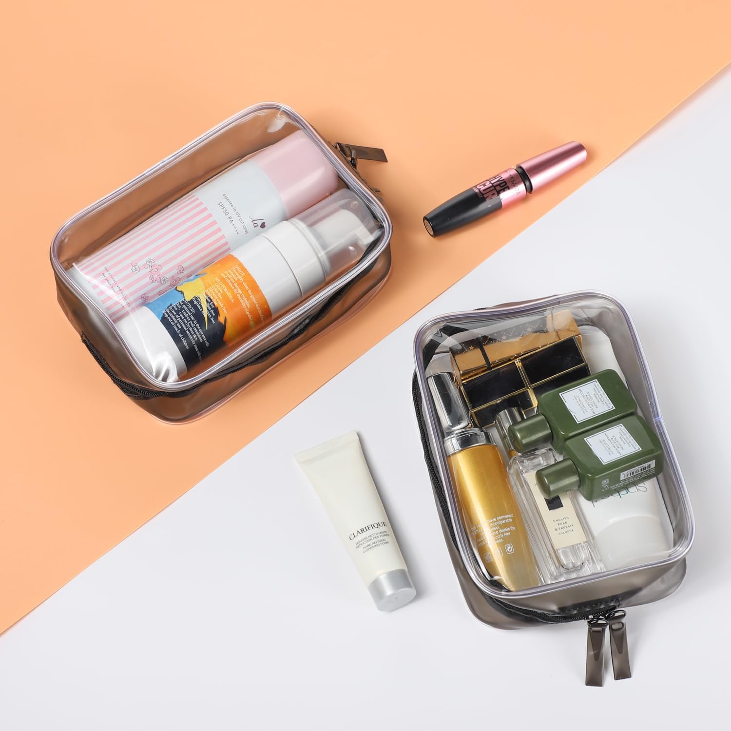 WantGor Bolsa de maquillaje transparente, paquete de 2 bolsas de cosméticos aprobadas por la TSA, organizador de bolsas de maquillaje pequeñas,