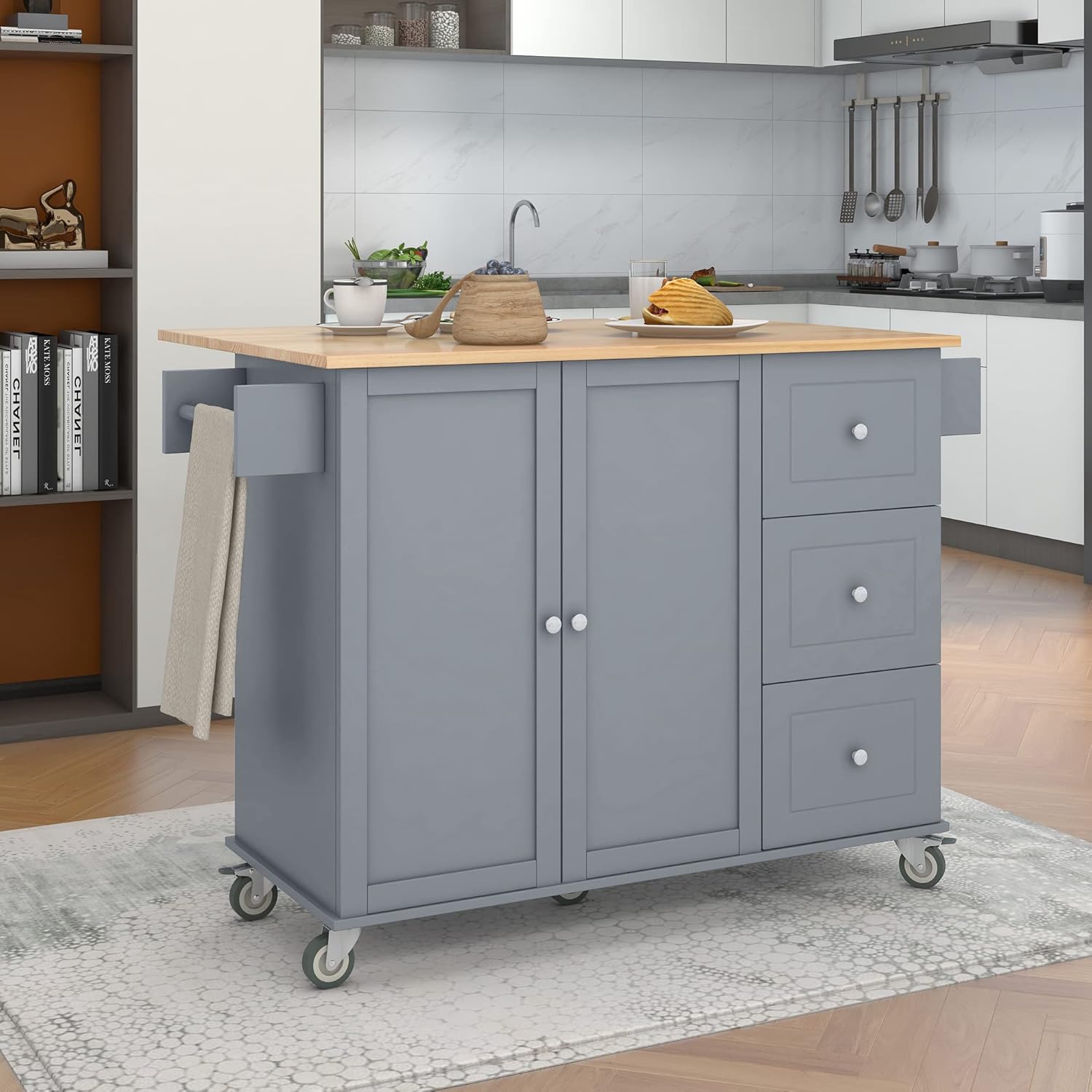 Isla de cocina rodante con parte superior de madera maciza y ruedas de bloqueo, carrito de cocina móvil con gabinete de almacenamiento y barra de
