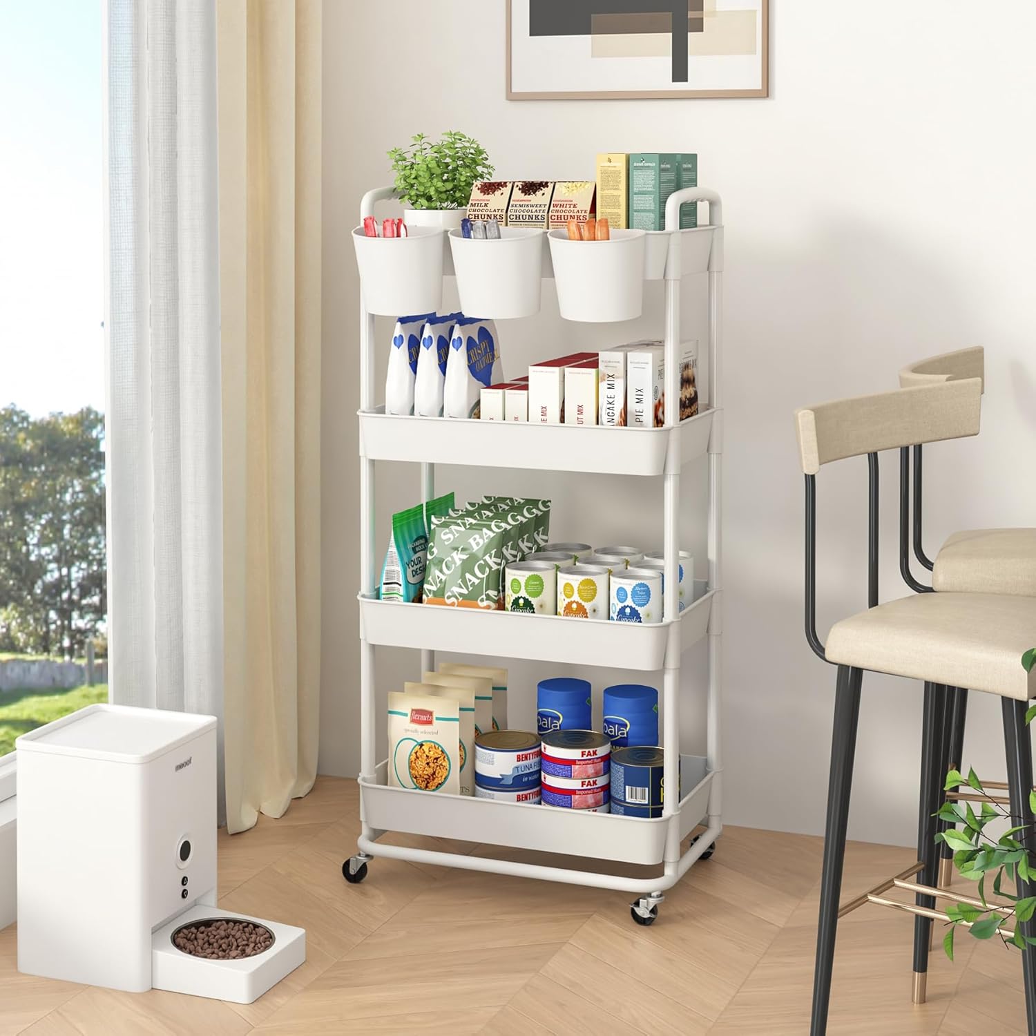 JIUYOTREE Carrito de almacenamiento de plástico de 4 niveles con asas de tazas colgantes adicionales, ruedas bloqueables para sala de estar, baño,