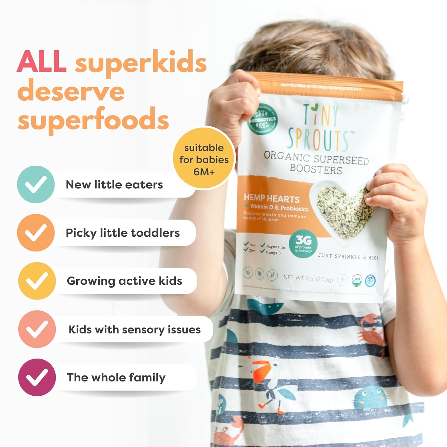 Tiny Sprouts Corazones de cáñamo orgánico regenerativo + probiótico de porción completa + vitamina D3 I potenciador de semillas de cáñamo para bebés