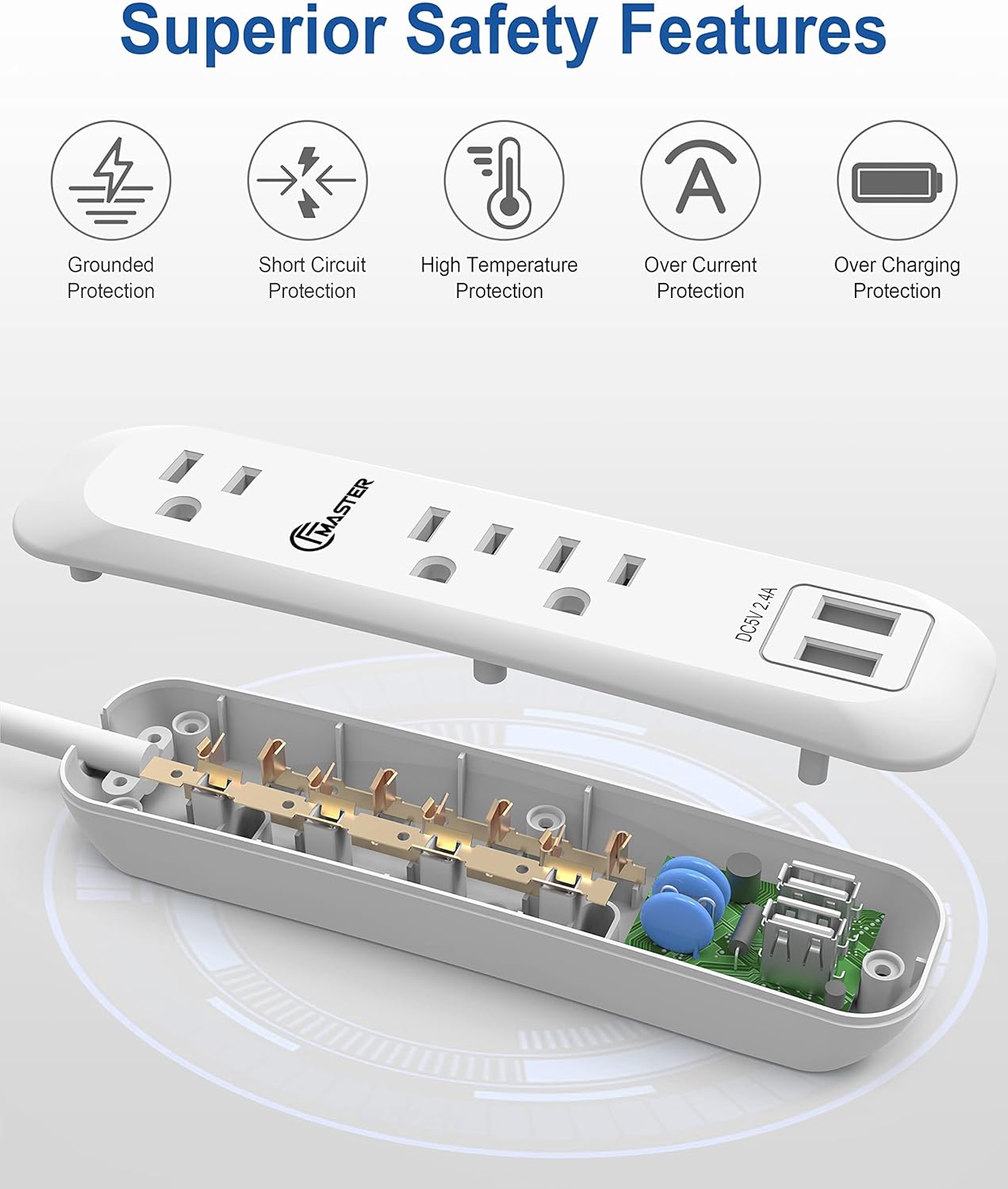 Tira de alimentación USB con protector de sobretensiones, cable de extensión largo de 6 pies, 3 tomas, 2 puertos USB (2.4A12W), protección contra