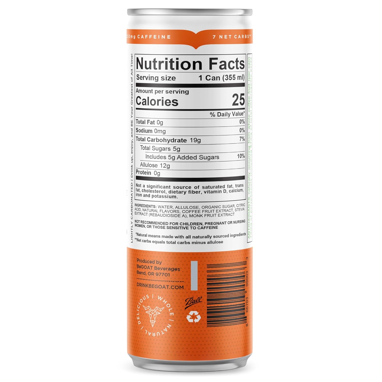 Clean Energy Drink  Sin OMG, vegana, sin gluten, a base de plantas con 200 mg de cafeína, 25 calorías y 7 carbohidratos netos  Cafeína natural de