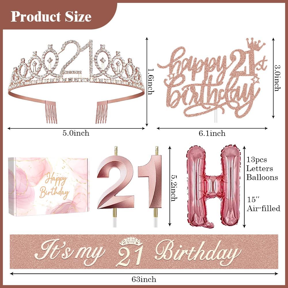 Decoraciones de cumpleaños número 21 para ella, incluye pancarta de letras de globos de feliz cumpleaños, corona y banda de tiara de diamantes de