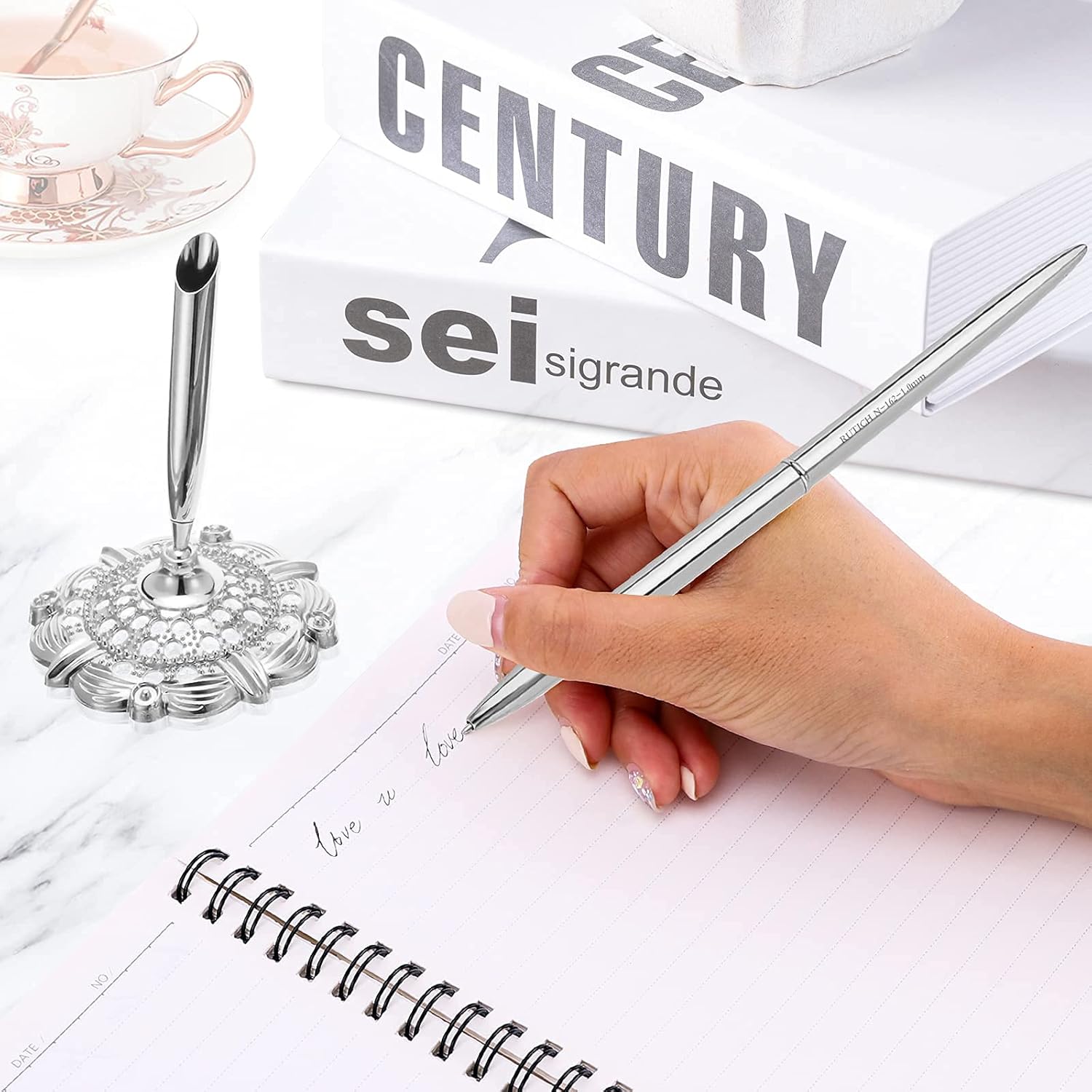 Pluma redonda hueca titular de la pluma de firma conjunto para boda nupcial, plata