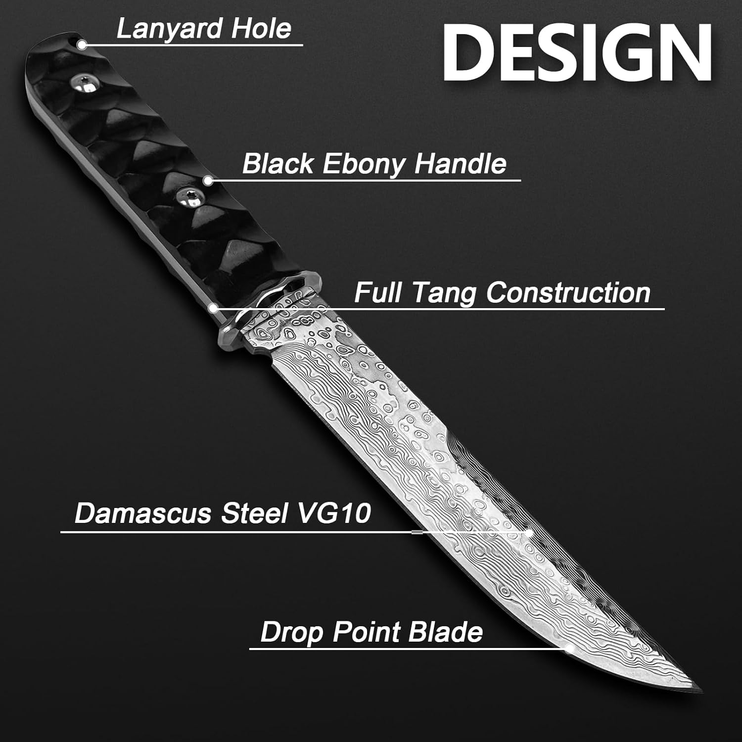 MADSABRE Cuchillo de supervivencia de Damasco de hoja fija de 9.4 pulgadas, cuchillo de supervivencia de Damasco VG10 Core Damasco japonés con funda