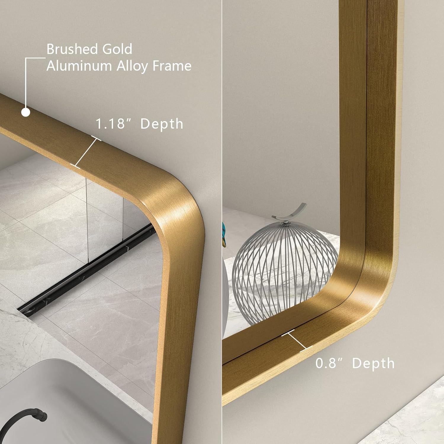 Espejo de baño dorado de 16 x 24 pulgadas, espejo rectangular redondeado con marco dorado, espejo de tocador de baño de latón dorado cepillado,