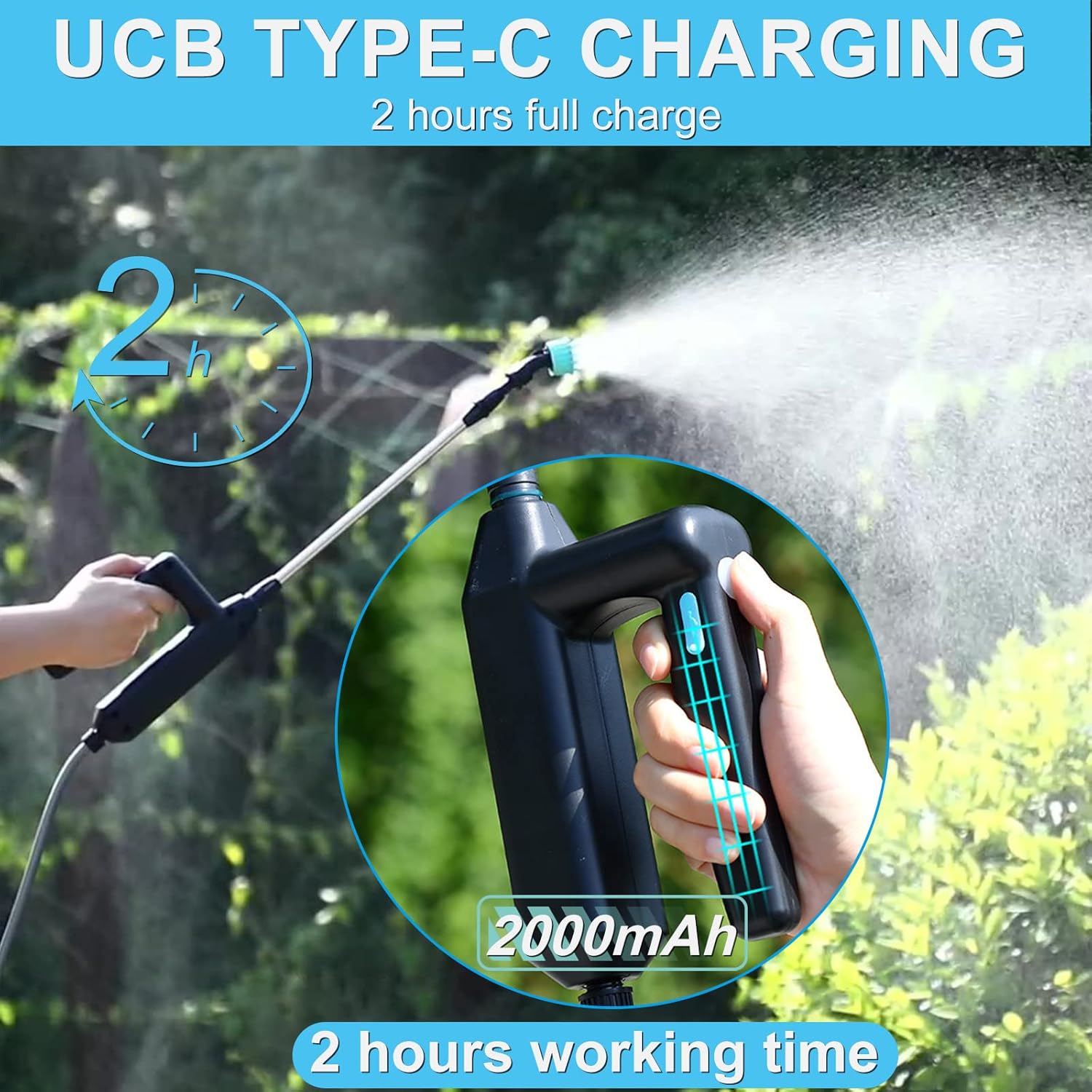 Pulverizador eléctrico para plantas, rociador de jardín con manguera de 5M y 3 boquillas, varita de riego portátil con batería con filtro de
