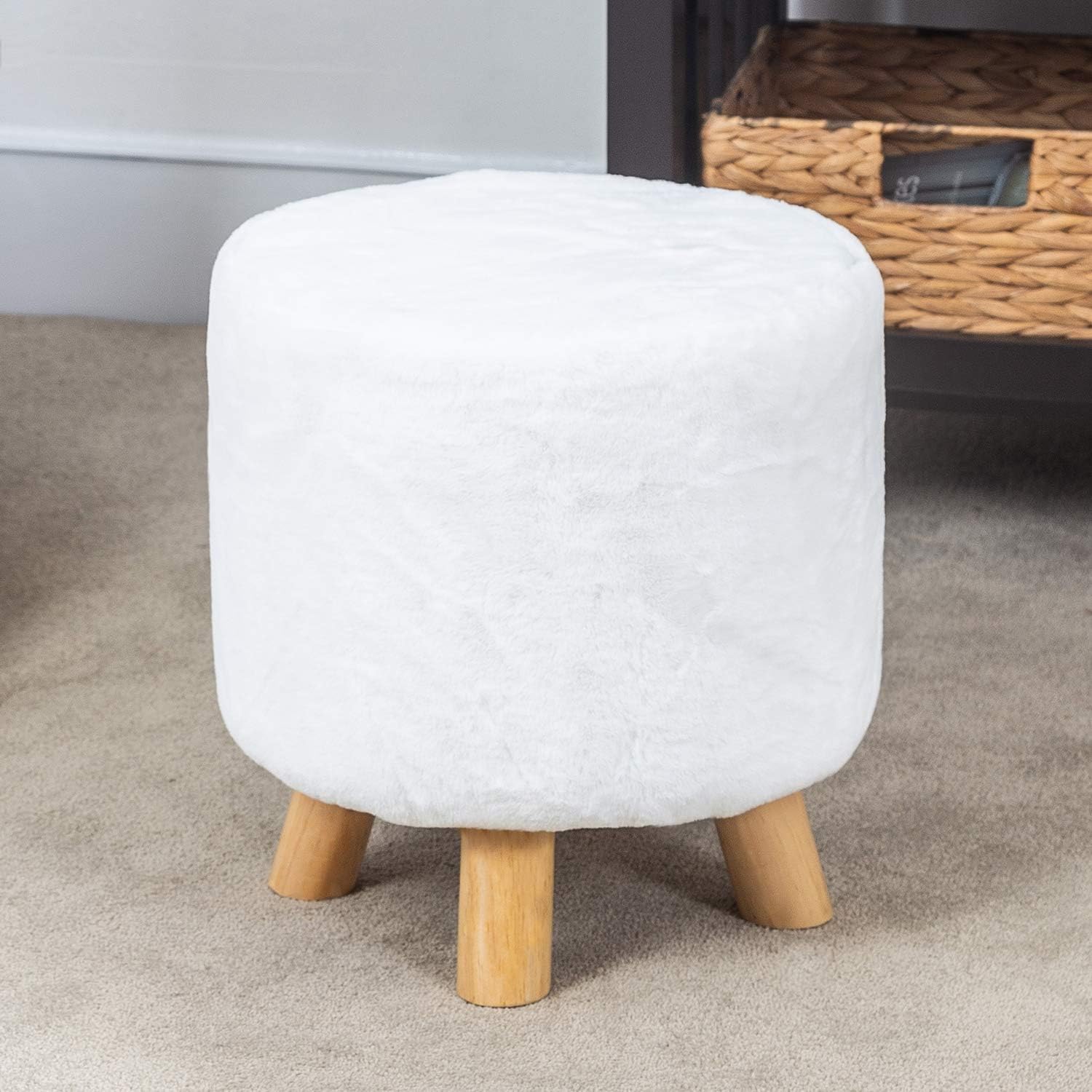 Adeco Reposapiés pequeño redondo con patas de madera, reposapiés peludo, asiento acolchado para mascotas, taburete para sala de estar, dormitorio,