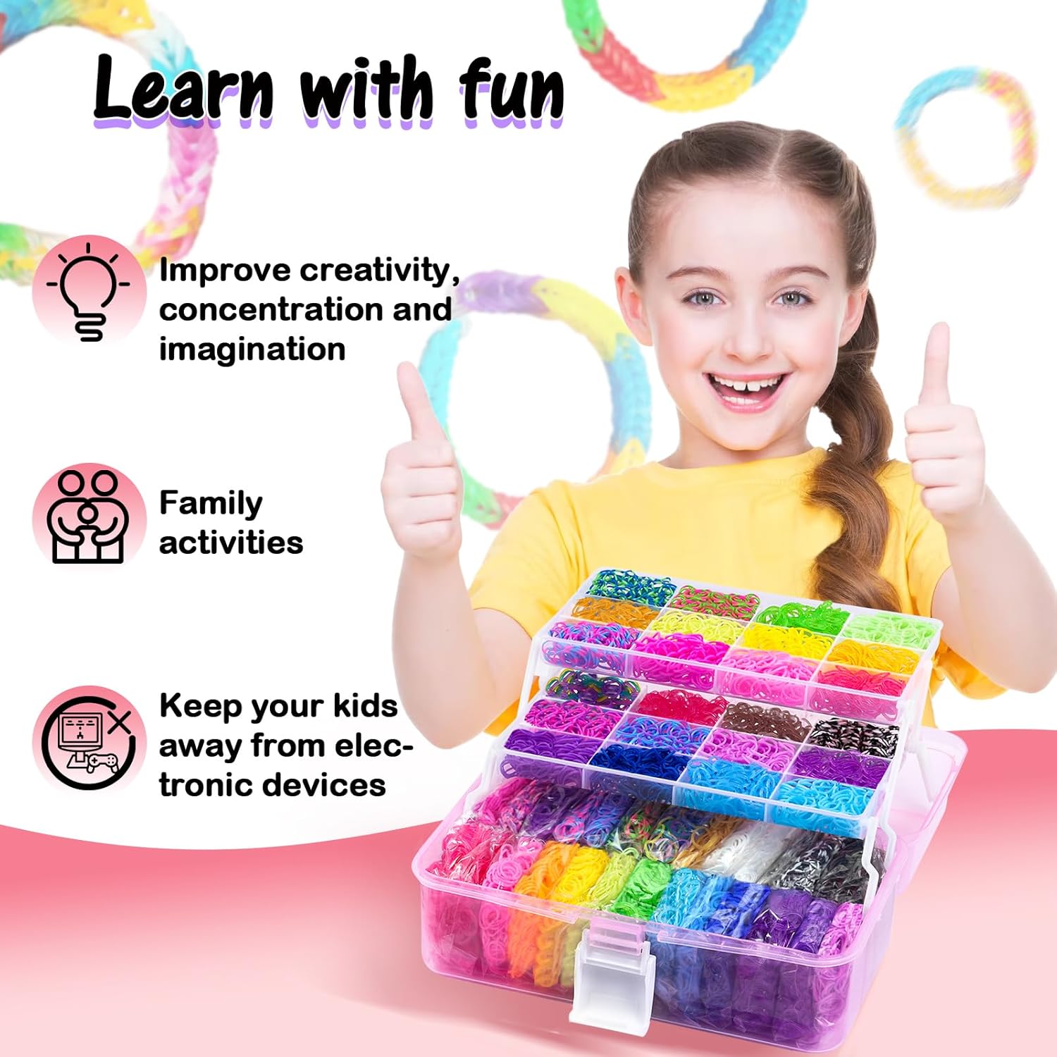 FUNZBO Kit de pulsera de goma de más de 18000  32 colores bandas de telar para kits de fabricación de joyas, kit de manualidades y manualidades de