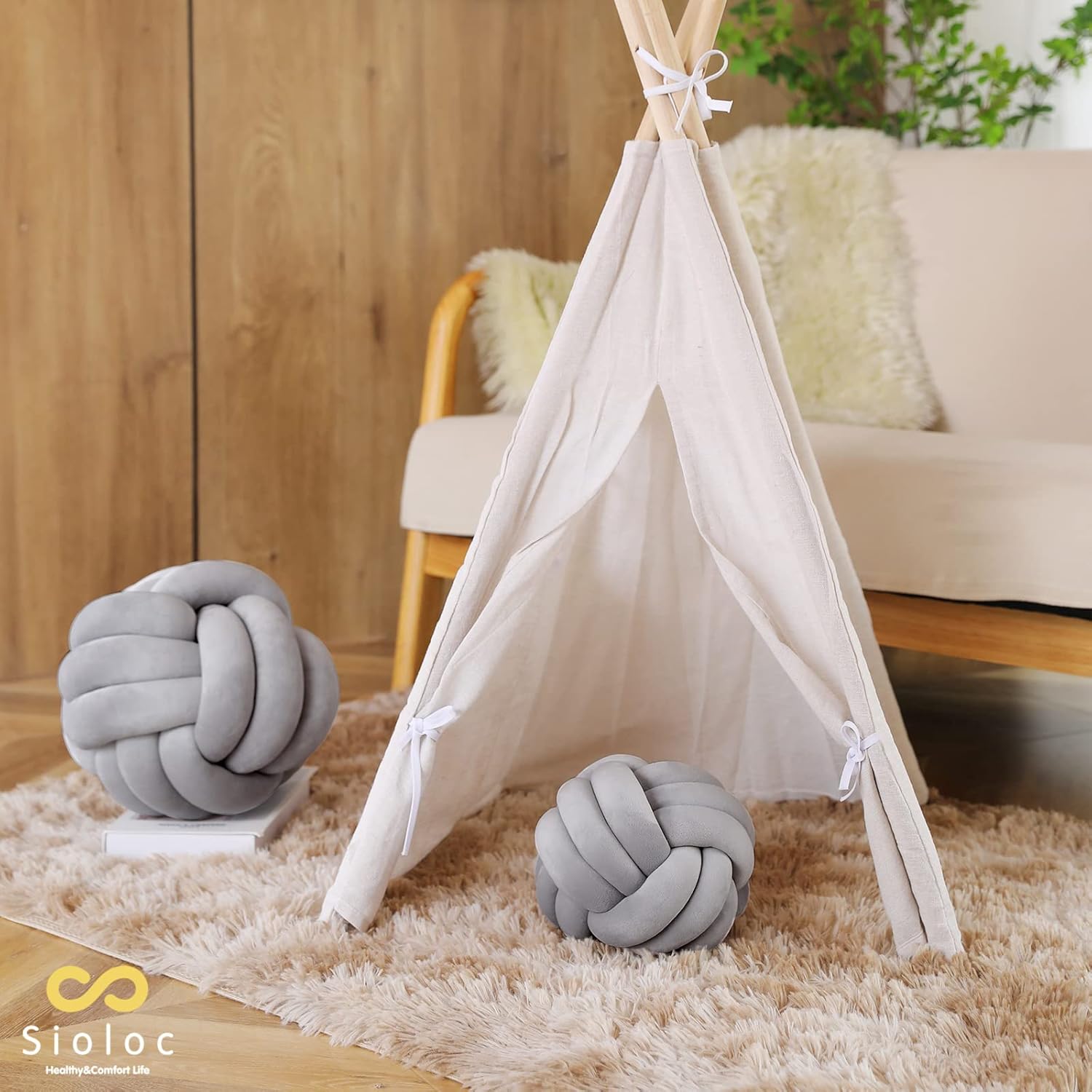 Sioloc – Almohadas de nudo suave, cojín redondo para decoración del hogar, almohada de bola anudada hecha a mano (13.7 pulgadas, color gris)