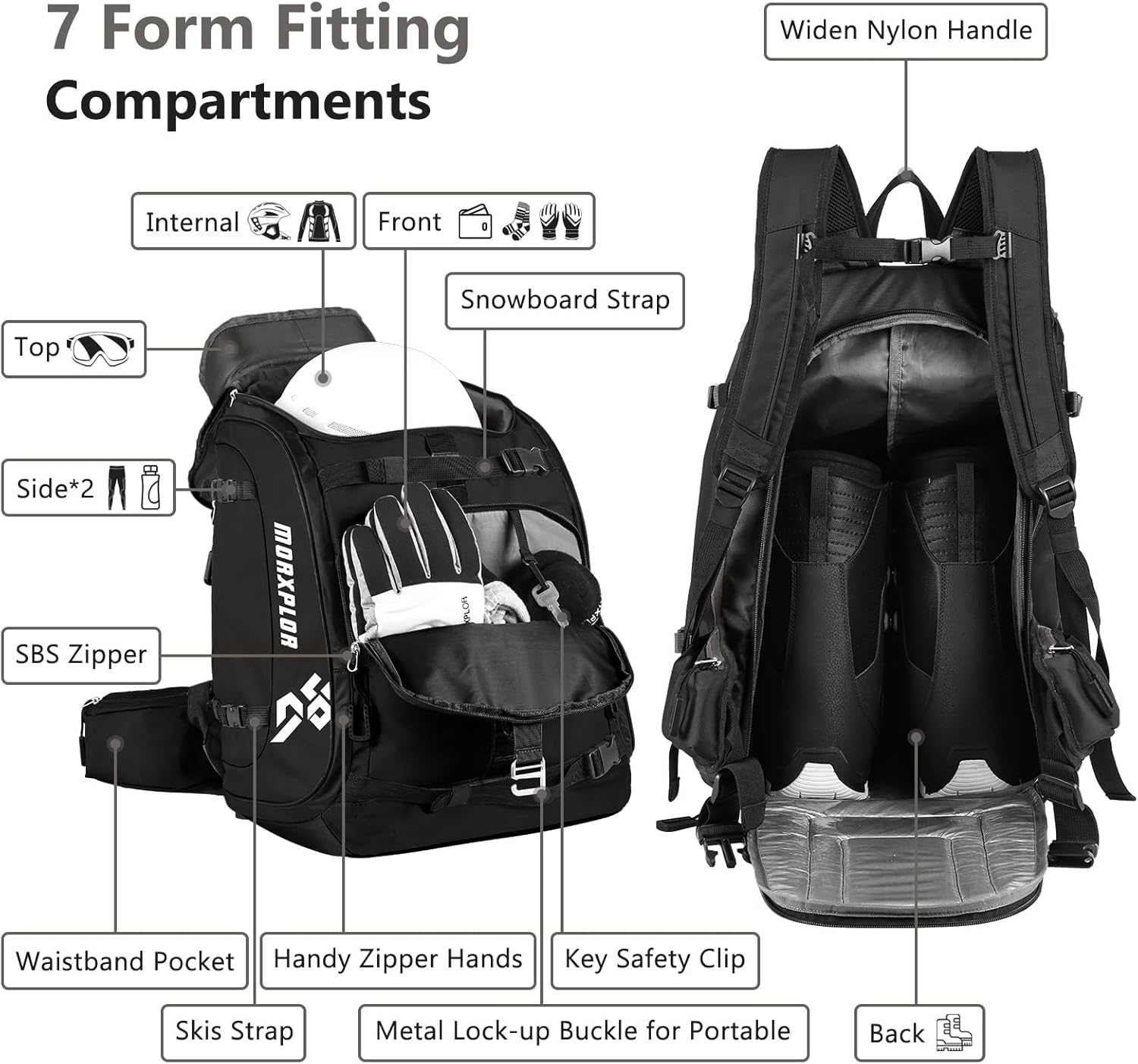 MORXPLOR Mochila para botas de esquí, bolsa acolchada de 60 litros y bolsa para botas de snowboard, bolsa de viaje de esquí impermeable de gran