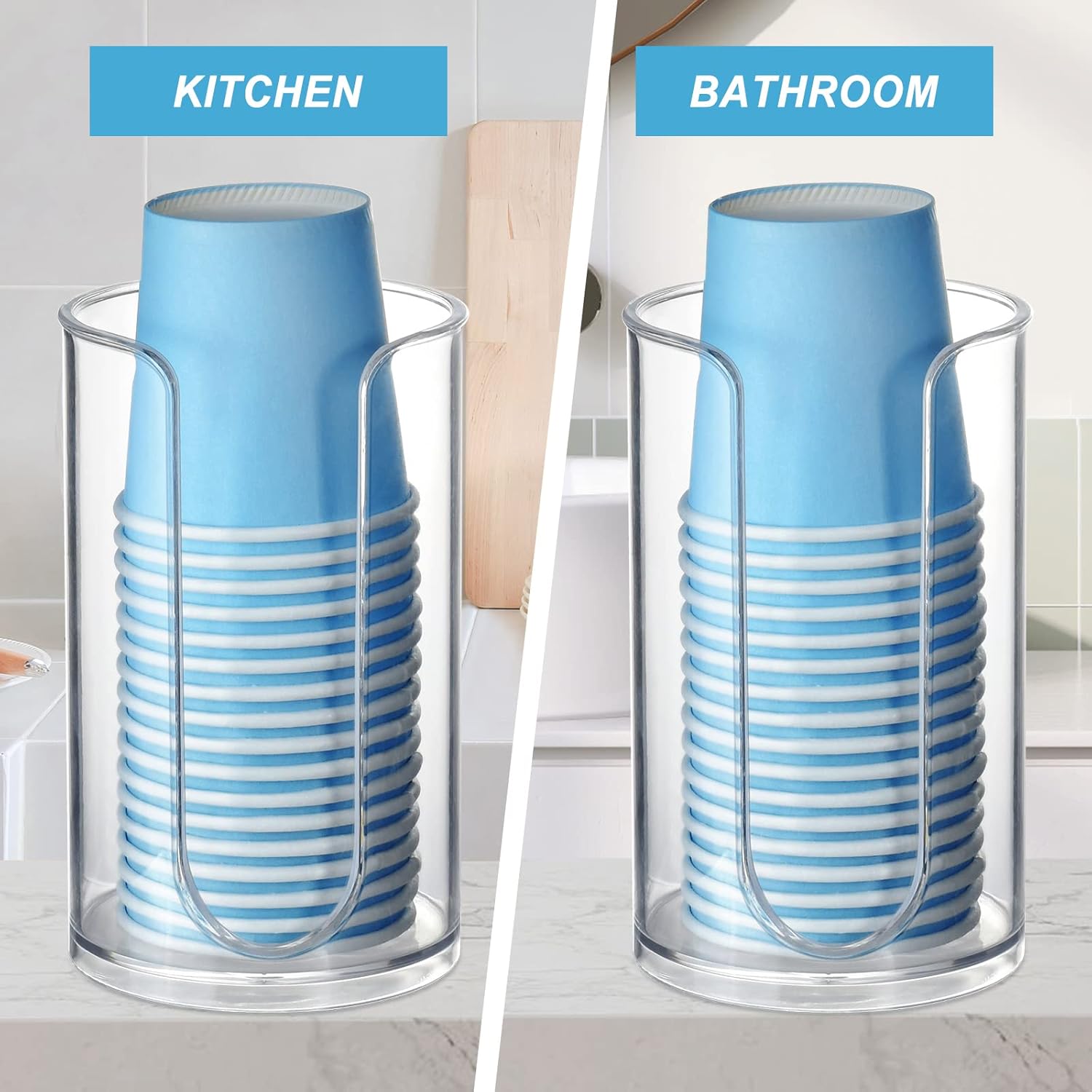Dispensador de tazas de baño, paquete de 2 soportes pequeños desechables de papel para enjuague bucal de plástico transparente para encimera de
