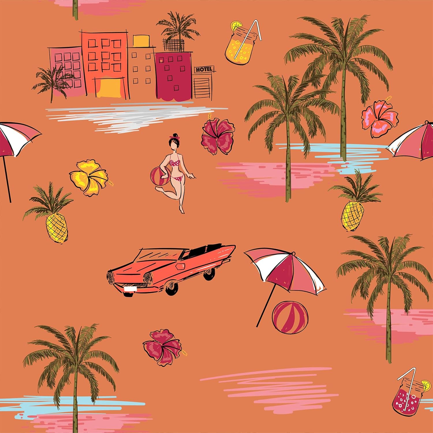 VEELIKE Papel tapiz dibujado a mano, diseño de isla y playa, despegar y pegar, color naranja, paisaje, palmeras, papel tapiz autoadhesivo de 17.7 x