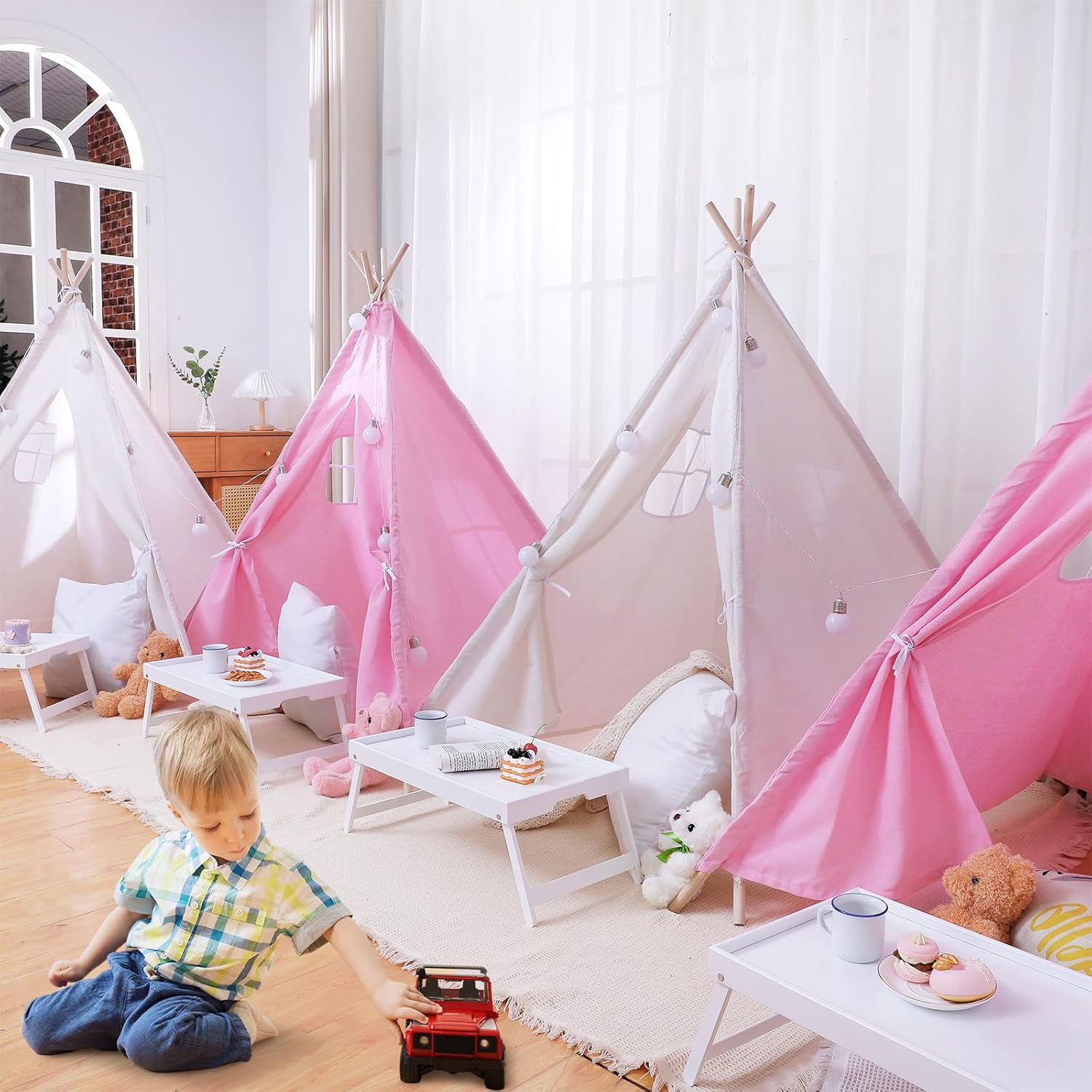 Paquete de 4 tiendas de campaña tipi para niños, tienda de campaña Tipi para niños y niñas, para interiores y exteriores, tiendas de campaña