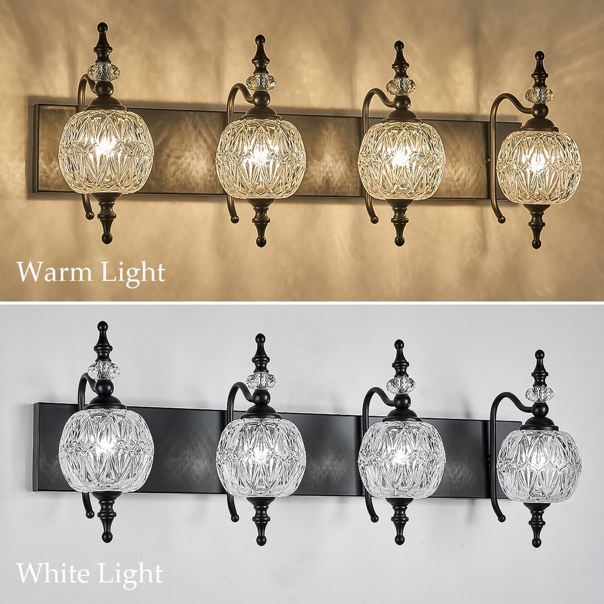 TLOLGT 4 luces negras para tocador de baño, modernas luces pintadas de superficie negra con pantalla de cristal grueso, apliques de pared para baño