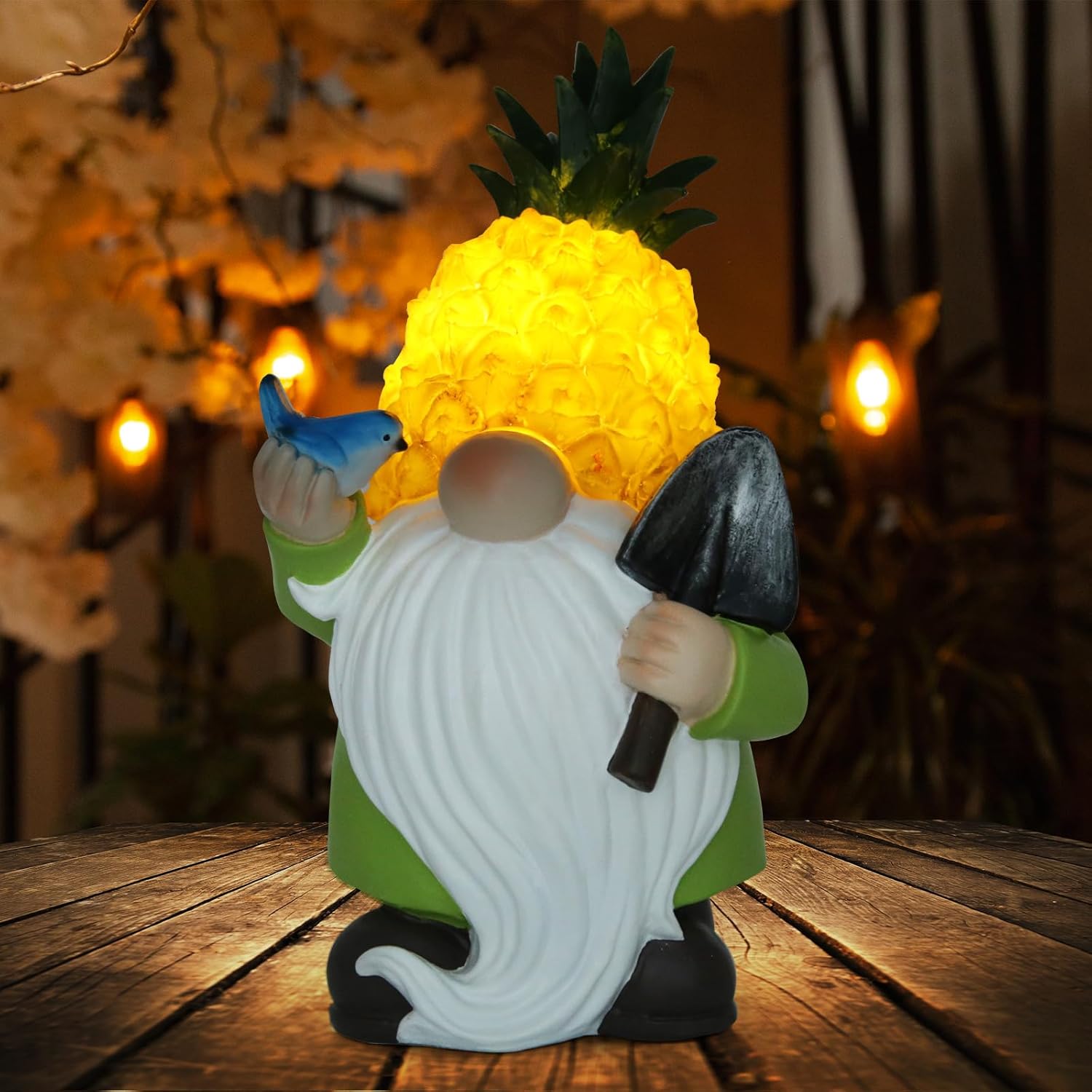 Estatuas solares de jardín con luces de piña, gnomos de jardín de resina con pájaro, estatuas de patio al aire libre para patio, balcón, césped,