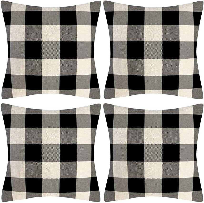 Juego de 4 fundas de almohada decorativas a cuadros de búfalo blanco y negro para interiores y exteriores, funda de almohada para sofá de 18 x 18