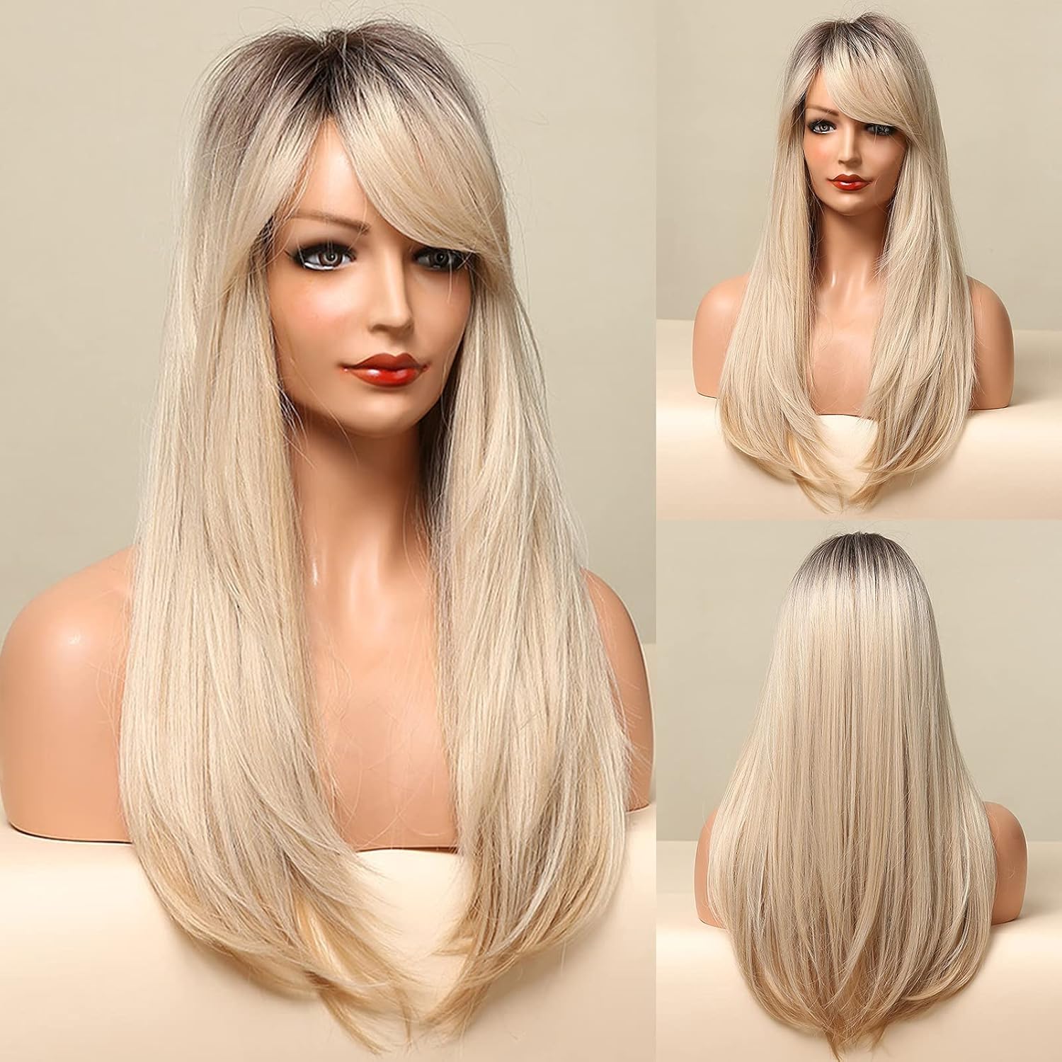 Honygebia – Peluca rubia con flequillo lateral, pelucas largas y lacias para mujeres blancas, pelo sintético color rubio oscuro ombré, resistentes