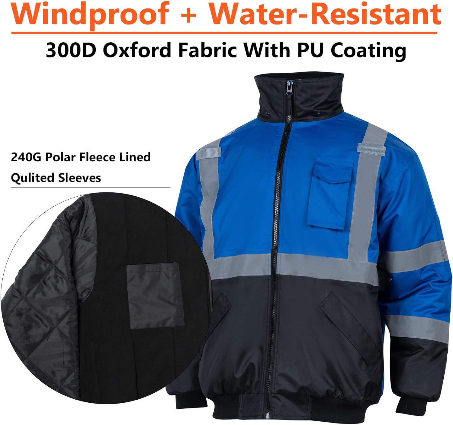 Chaquetas de seguridad reflectantes de alta visibilidad para hombre, forro polar ANSI Clase 1 Hi Vis, chaqueta de invierno con capucha (azul rey, XL)
