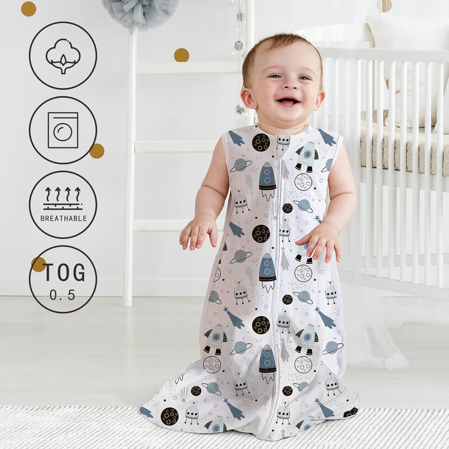 LITTLE TOTS Saco de dormir para bebé de 0 a 6 meses, 2 vías, cómodo, suave, ligero, con cremallera, manta para bebé, 100% algodón, TOG 0.5 para