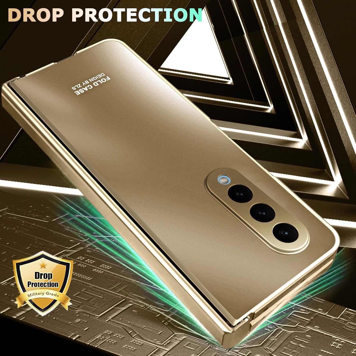 NINKI Funda compatible con Samsung Z Fold 4 de color dorado champán con protección de bisagra y textura de galvanoplastia, funda protectora de