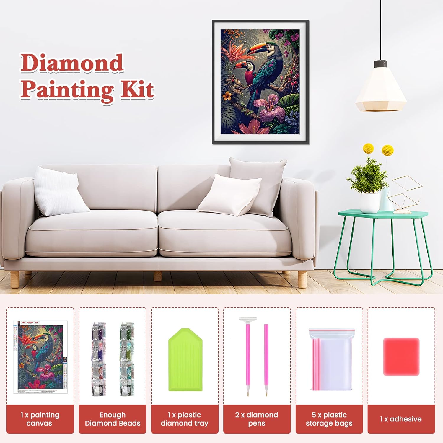 RICUVED Kits de arte de diamantes para adultos, pájaros 5D, flores, kit de arte de diamantes de taladro redondo completo de puntos de diamante, kit