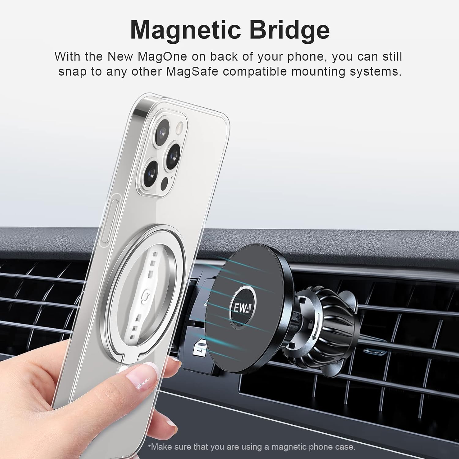 EWA El nuevo MagOne (actualización) compatible con MagSafe Phone Grip Stand con correa de silicona para los dedos, soporte magnético extraíble, solo