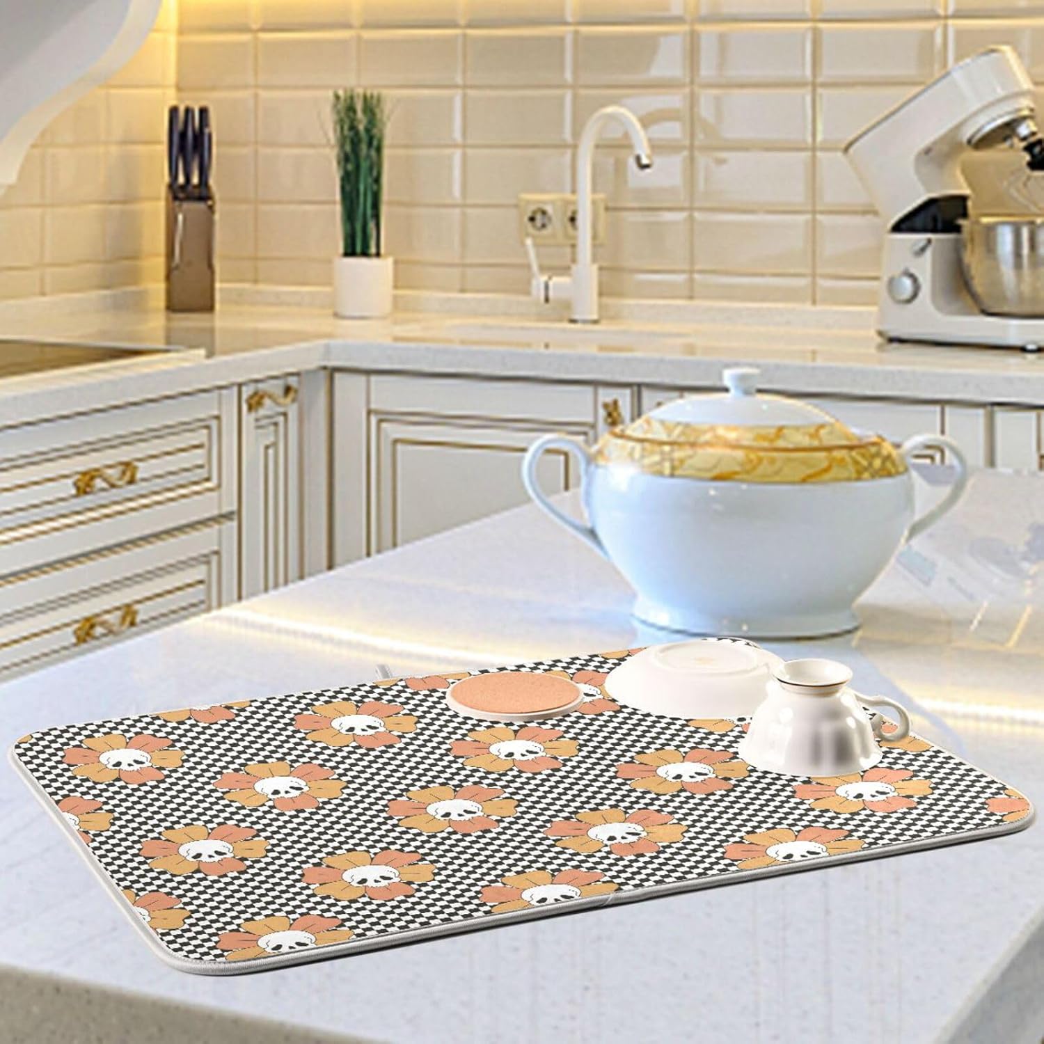 Tapete de secado de platos de calavera floral, lavable, absorbente, tapete de secado para encimera de cocina, tapete de goma para encimera, 16 x 18