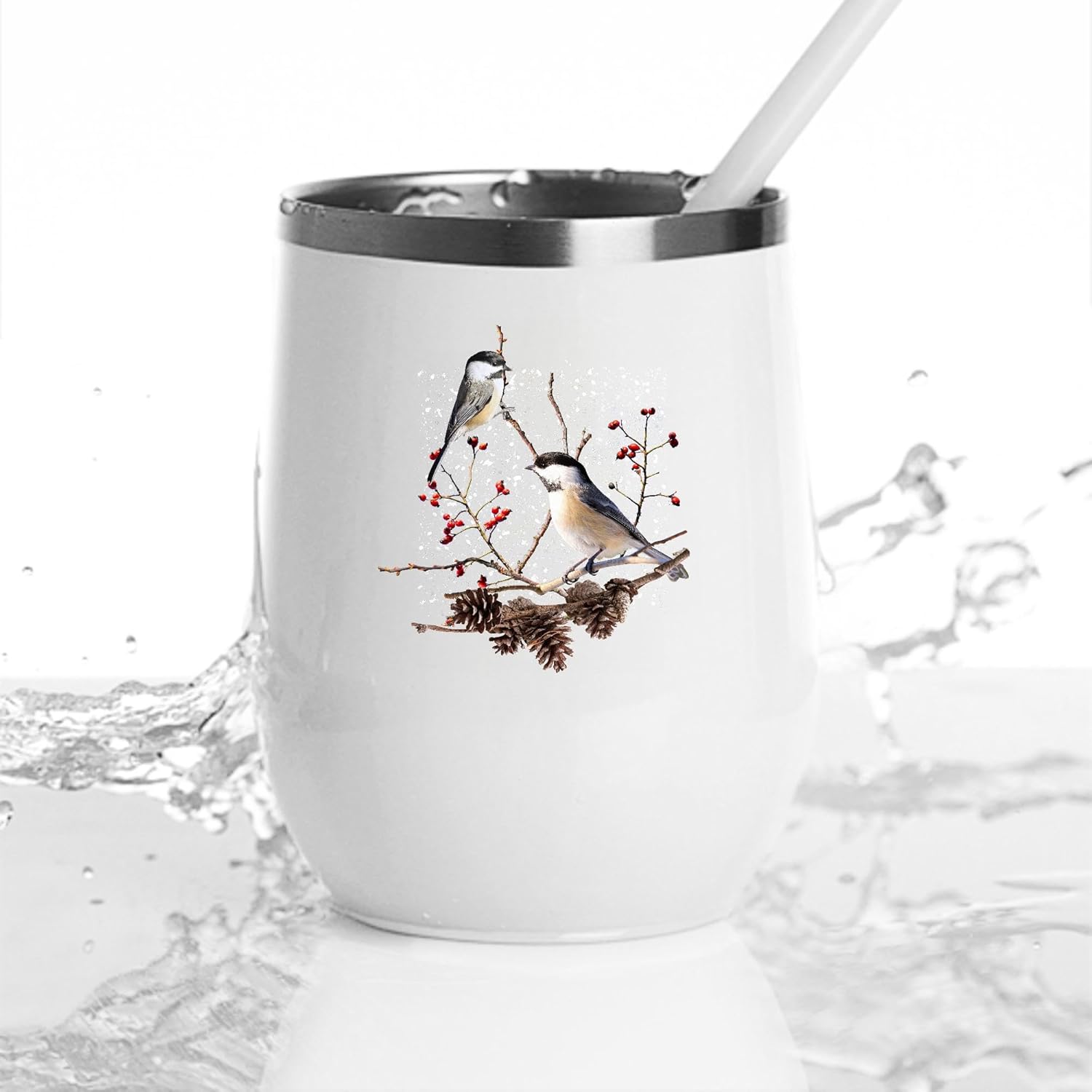 Fun Couple Gift with Chickadee Bird Design for Nature Lovers 12oz Wine Tumbler Cup