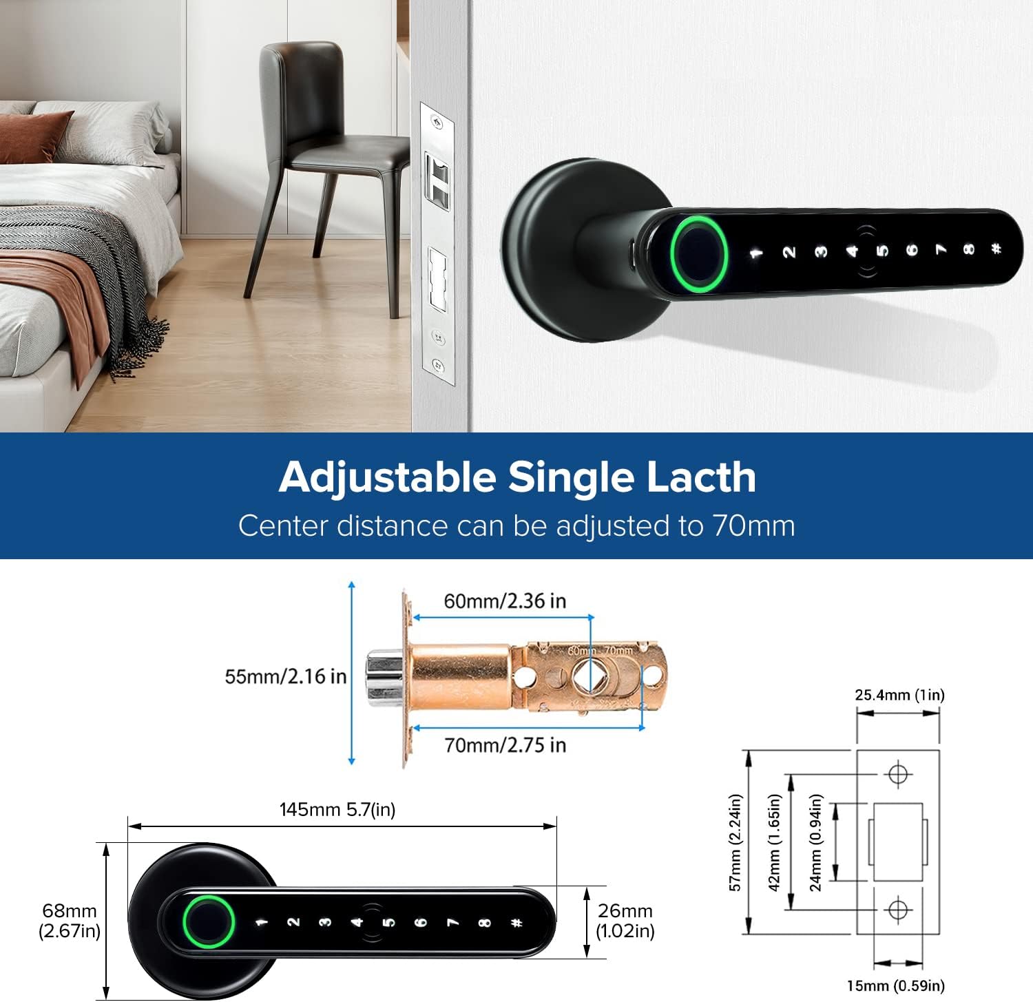 Cerradura de puerta de huella digital inteligente 7 en 1, negro mate, biométrica, sin llave