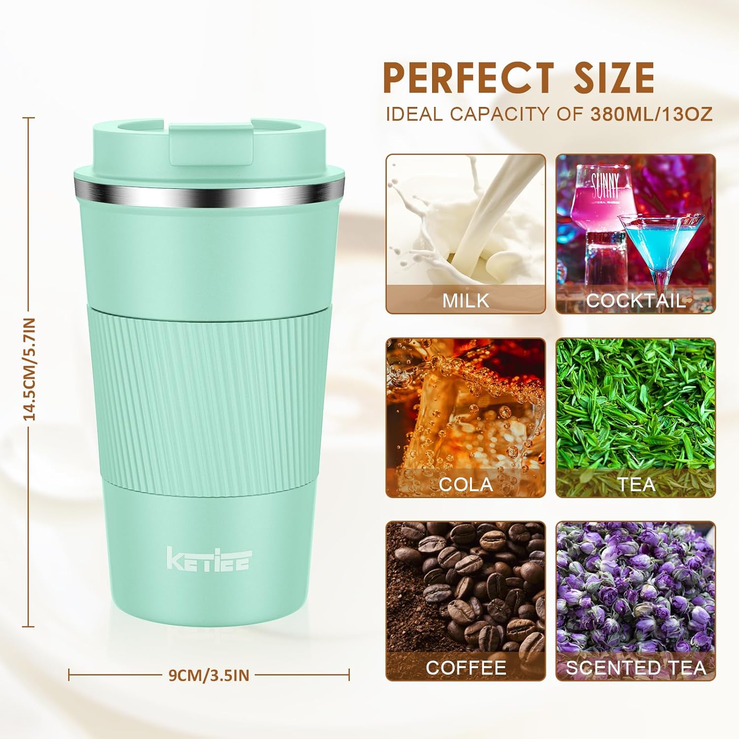 KETIEE Taza de café de 12 onzas taza de café aislada al vacío con tapa a prueba de fugas, taza de café de viaje de acero inoxidable de doble pared