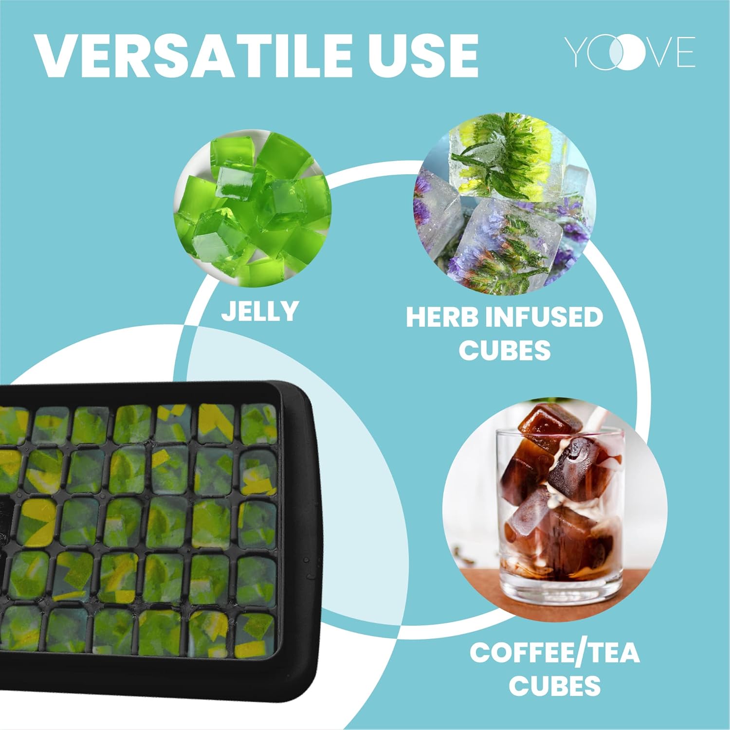 Yoove Juego de bandejas de silicona para cubitos de hielo, incluye tapa antiderrames, cubo con tapa y cuchara, sin BPA, fácil de liberar, bandeja de