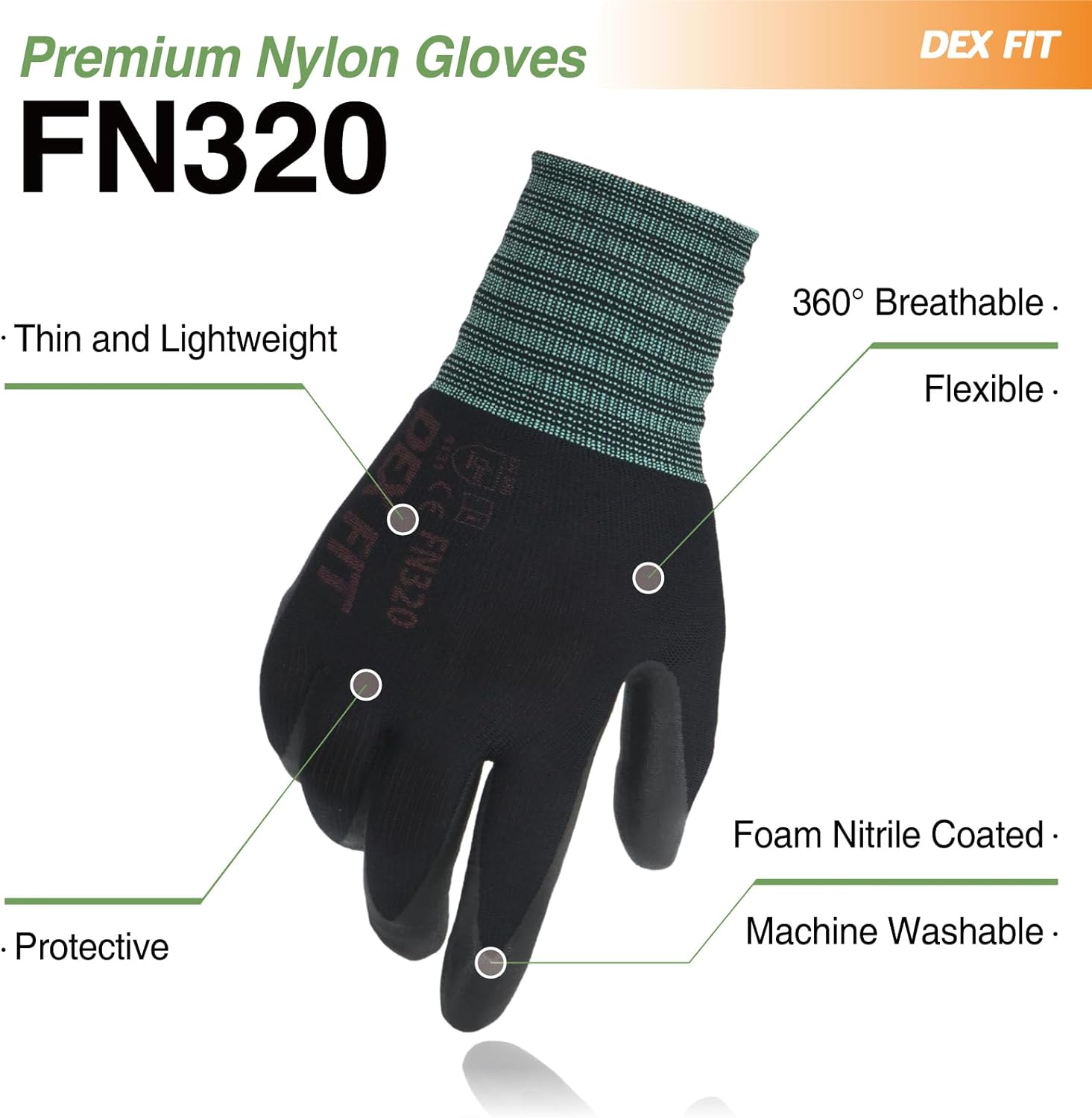 DEX FIT FN320 – Guantes de trabajo de nitrilo, ajuste elástico 3D, agarre de potencia, recubierto de espuma resistente, fino y ligero de nailon