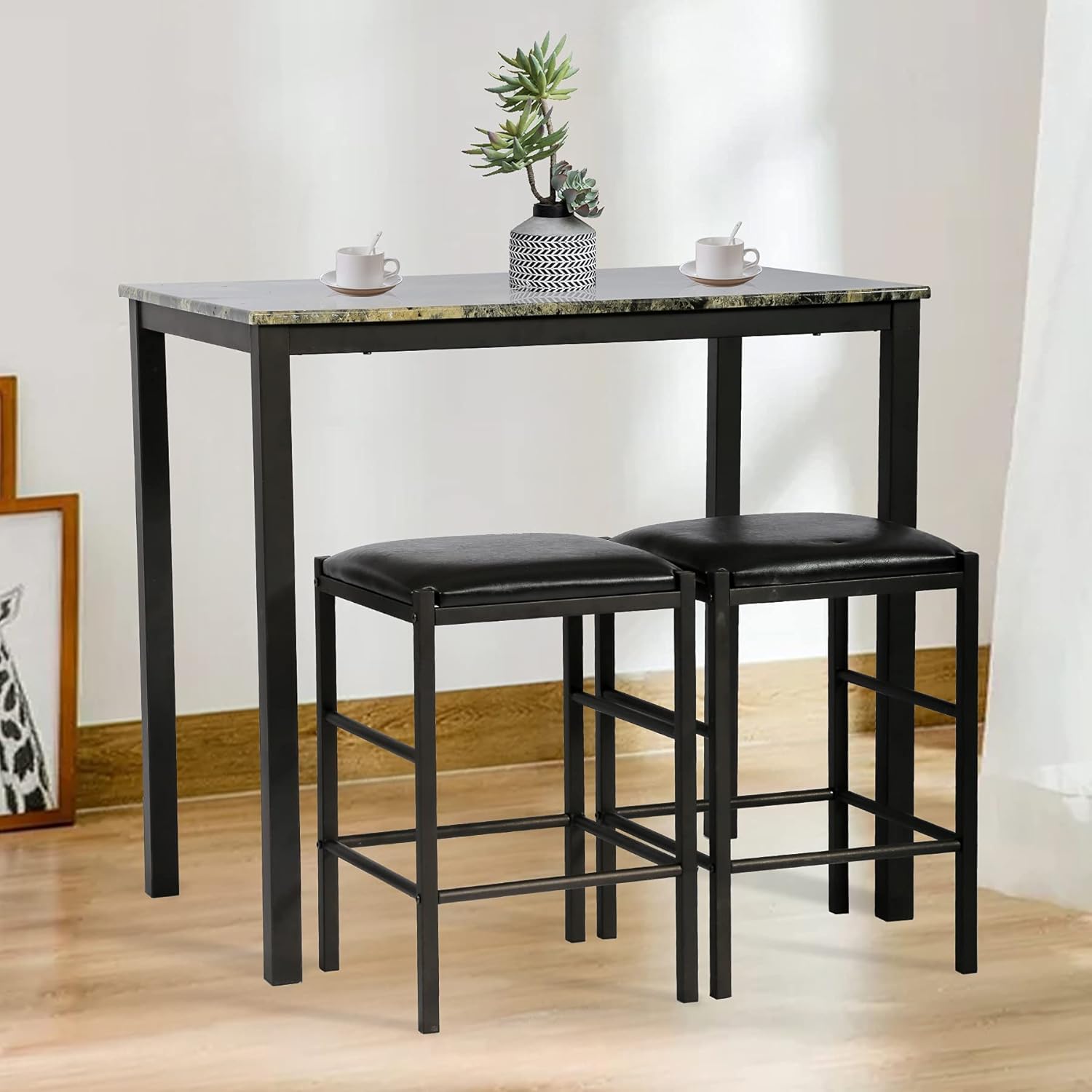 Mesa de cocina pequeña, juego de mesa de comedor de 3 piezas, juego de taberna de mármol sintético, juego de mesa de desayuno, juego de mesa de