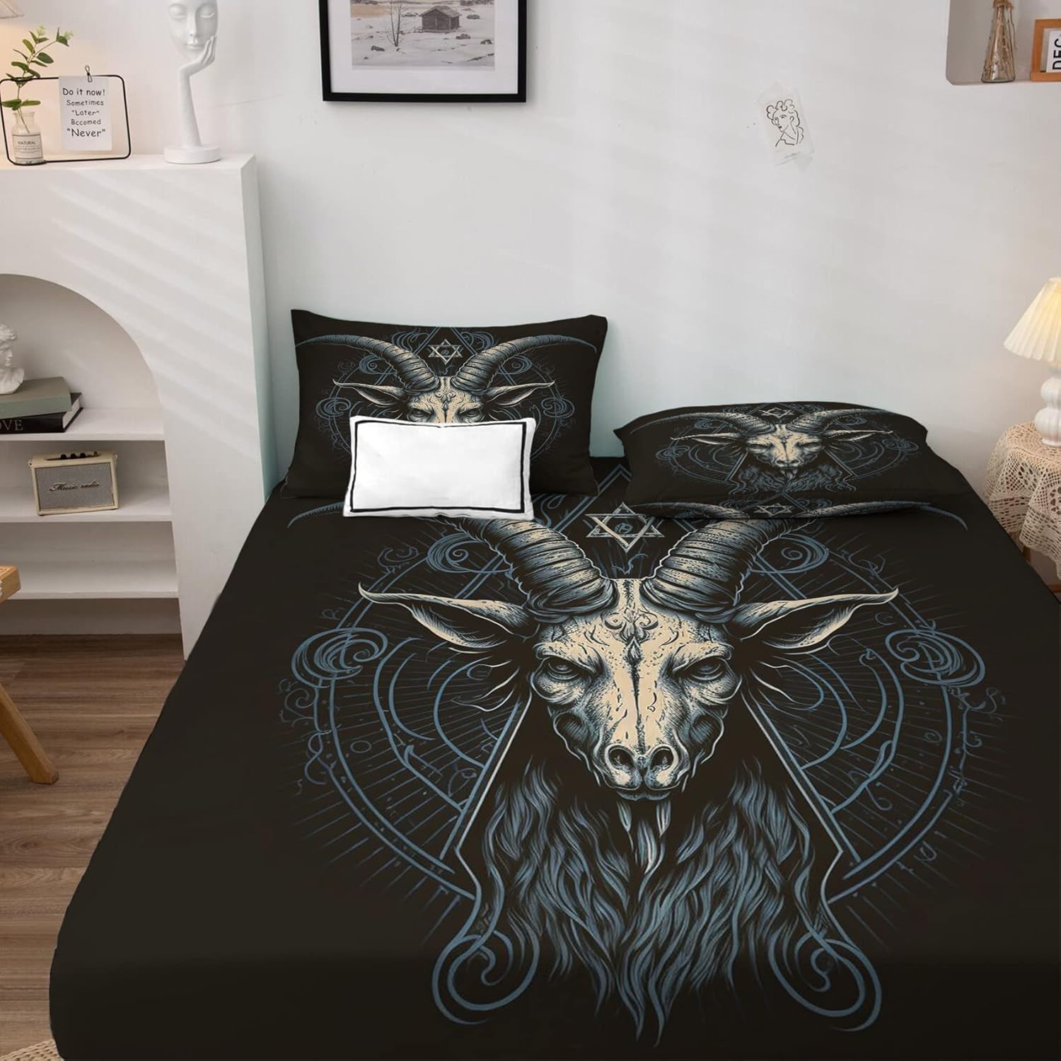 THYUNQ Sábanas góticas tamaño individual, sábanas y fundas de almohada con patrón de baphomet demonio, bolsillo profundo de 16 pulgadas, juego de