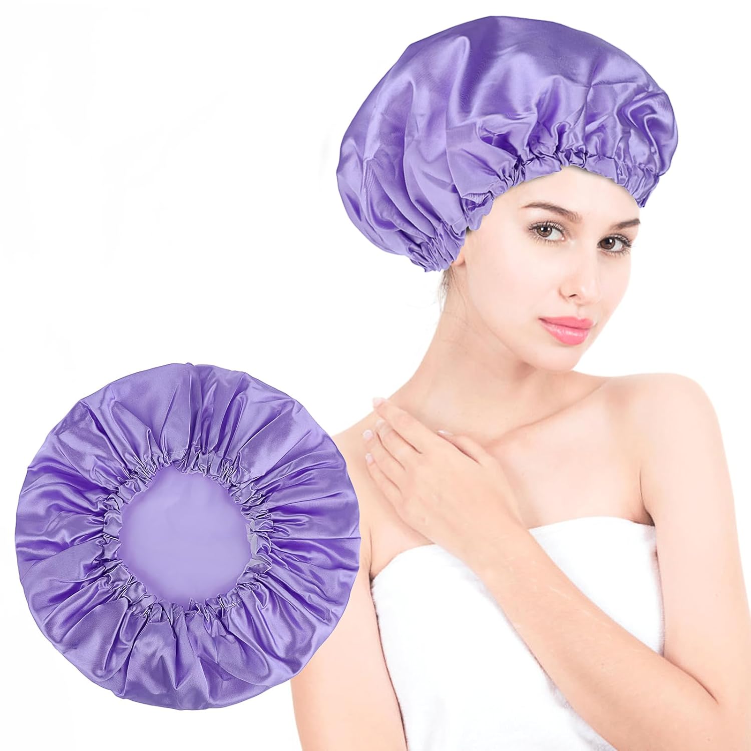 Gorro de ducha impermeable grande de doble capa, gorro de ducha reutilizable para mujeres (morado)