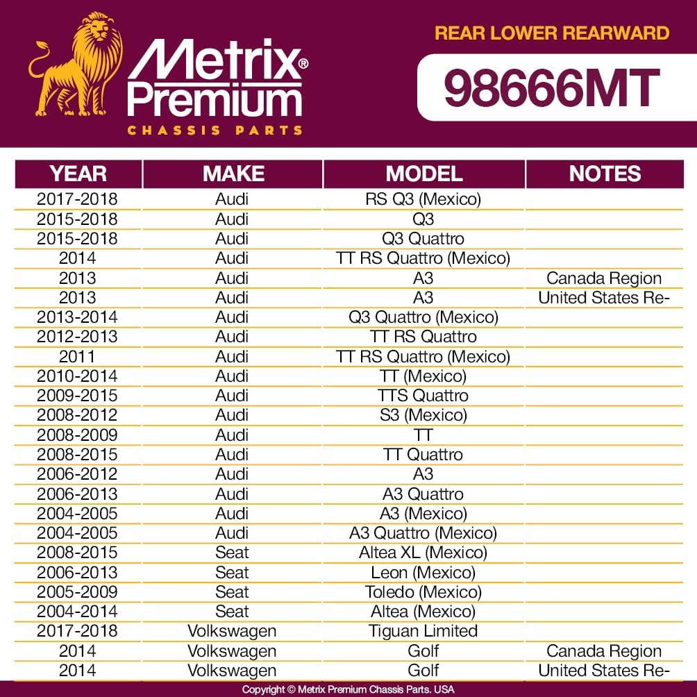 Metrix Premium – Brazo de control trasero inferior RK642309 para Audi A3 06-13, 09-13 A3 Quattro, 15-18 Q3, 08-09 TT, 15-18 Q3 Quattro, 08-15 TT